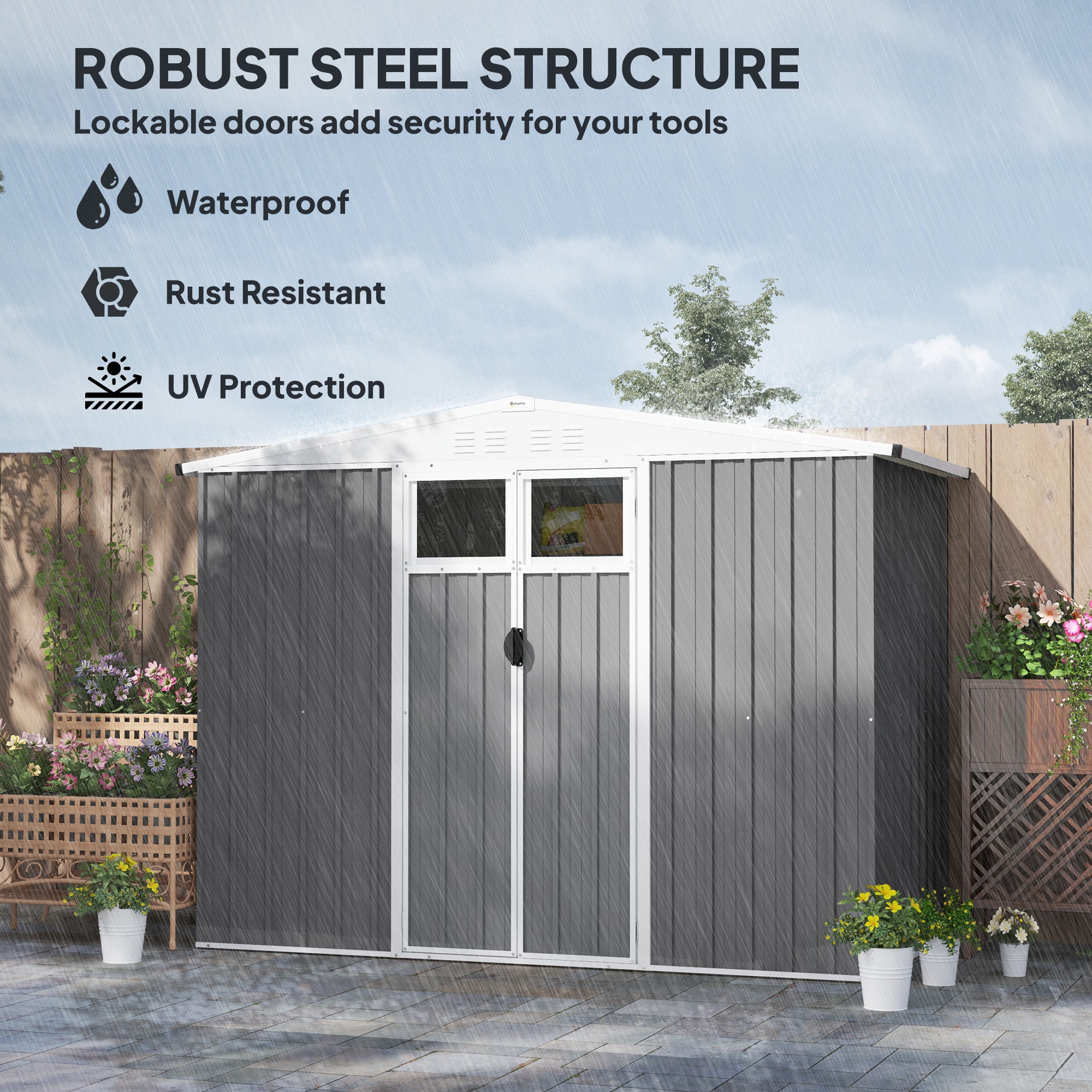 Outsunny 8 x 4 ft Metal Garden Shed, Garden Storage Shed with Window, 4 Vents and Lockable Door, Waterproof Galvanised Steel Tool Storage Shed, Light Grey