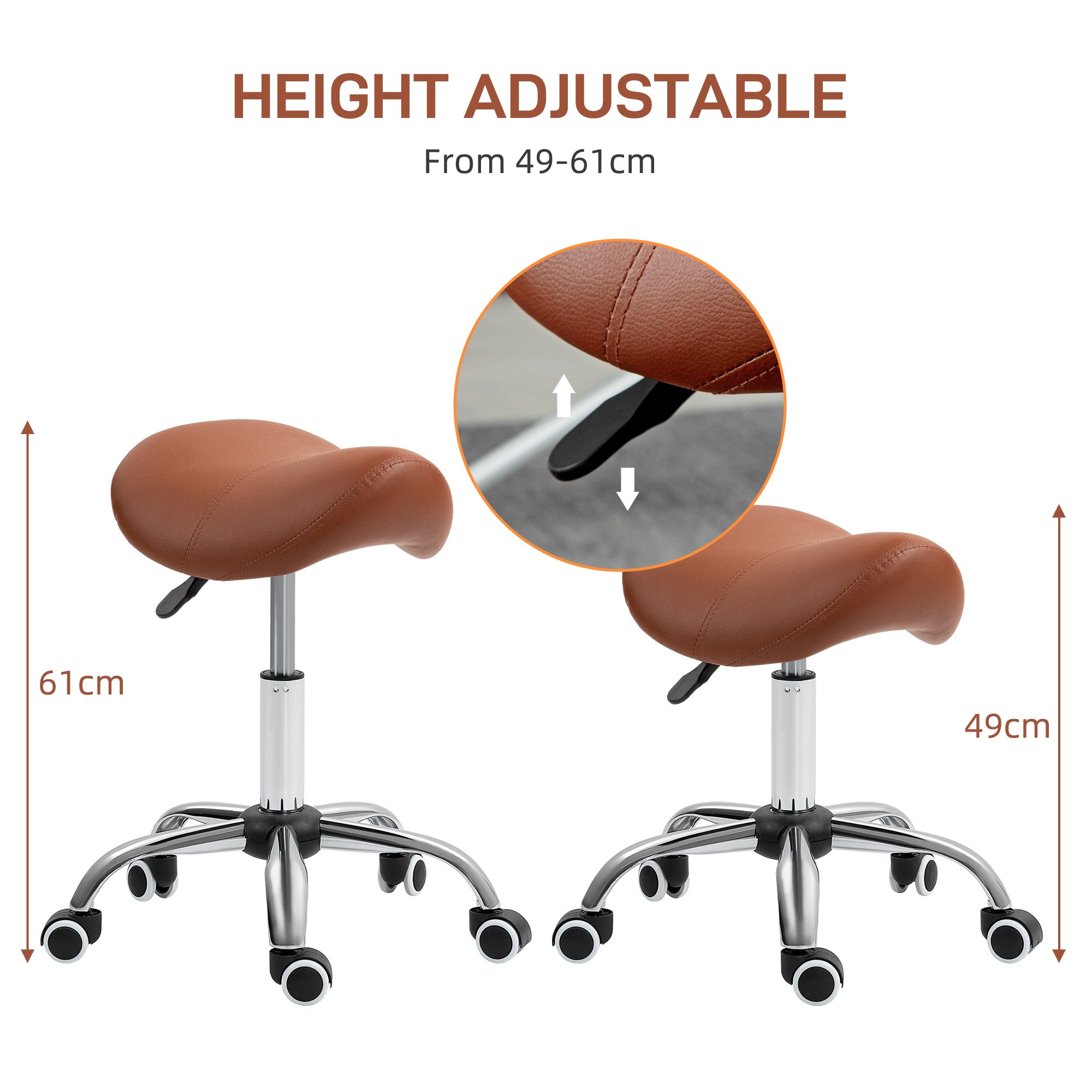 HOMCOM Saddle Stool, Height Adjustable Salon Chair for Massage Spa, Faux Leather, Brown