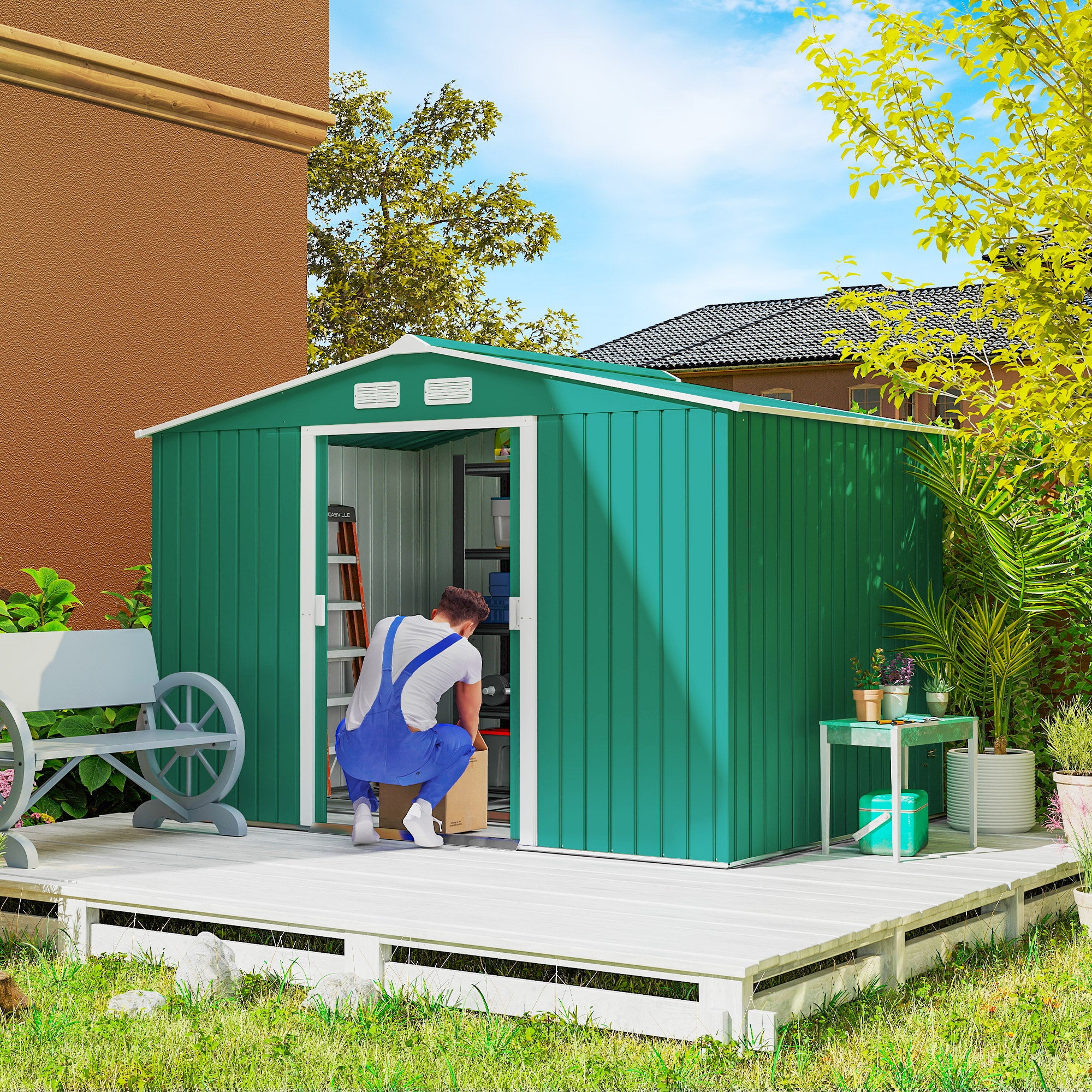 Outsunny 9 x 6ft Metal Garden Shed, Outdoor Storage Tool House with Ventilation Slots, Foundation Kit and Lockable Double Doors, Green
