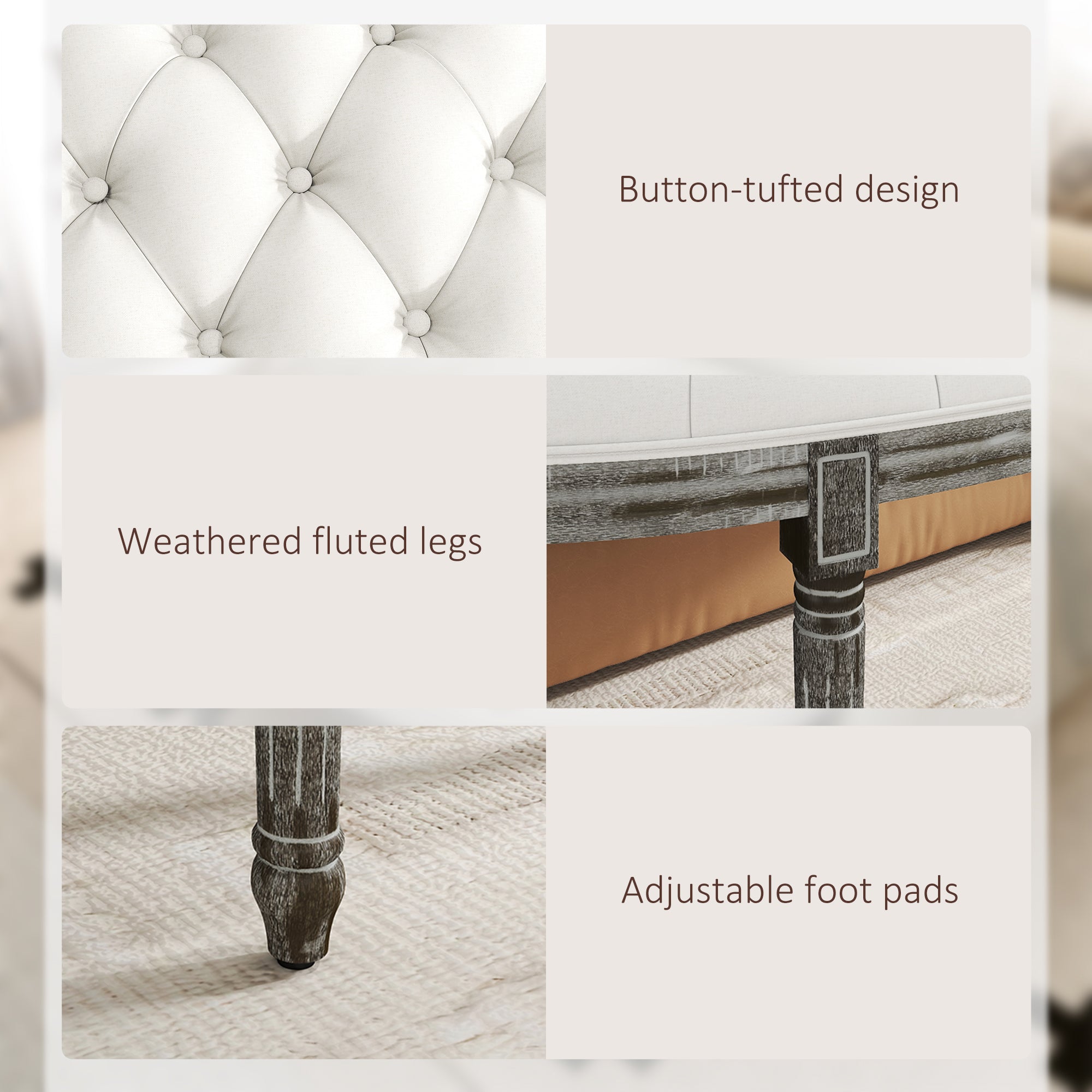 HOMCOM Half-Circle End Bench Ottoman Footstool Tufting Padded Seat Brushed Wood Base Antique Accents Home Seat Furniture Cream White and Light Wood Grain Leg