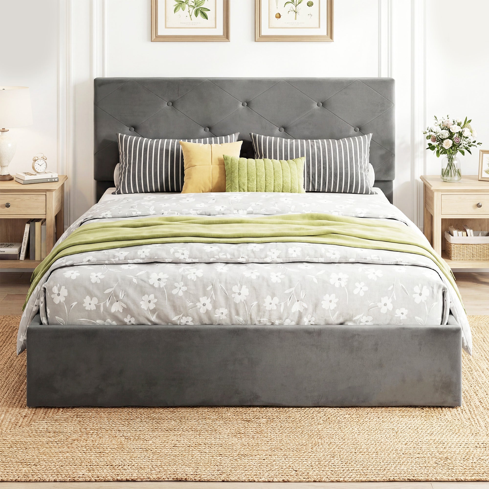 HOMCOM King Size Bed Frame Gas Side Lift Under Bed Storage Upholstered Platform Bed Tufted Headboard for 150 x 200 cm Mattress