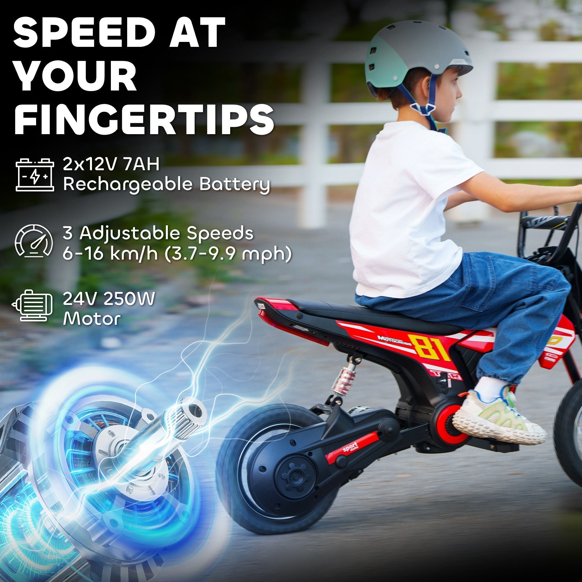 AIYAPLAY Kids Electric Motorbike, 24V Ride On Motorcycle with 3 Speeds and Rear Suspension, Dirt Bike for 8-12 Years Old, Red