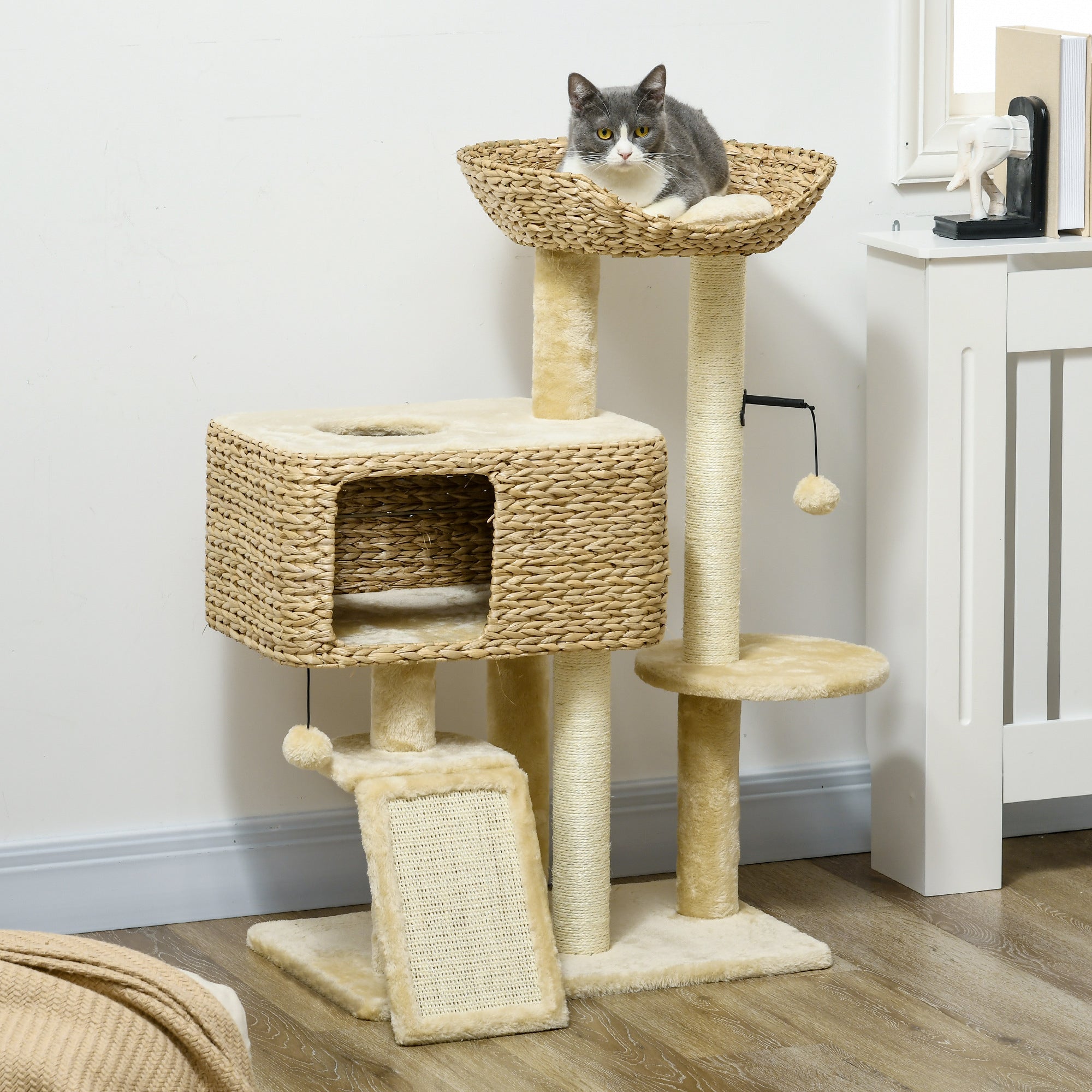PawHut 95cm Cat Tree Tower for Indoor Cats, with Scratching Post, Cat House, Toy Ball, Platform - Beige