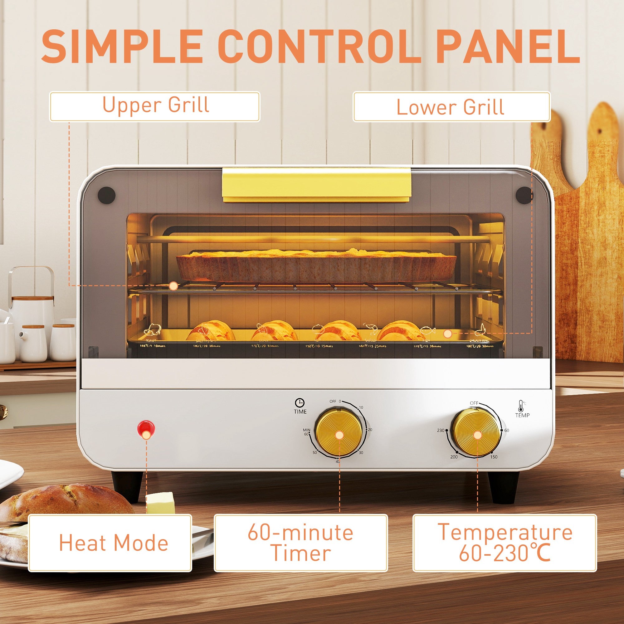 HOMCOM Small Toaster Oven, 12L Multifunction Mini Countertop Oven with Glass Door, Adjustable Temperature and Timer, Accessory Included, 750W, White