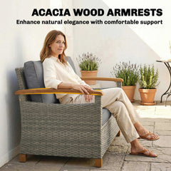 Outsunny 2 Seater Rattan Garden Sofa, Outdoor Sofa with Thickened Cushions and Acacia Wood Armrests, Dark Grey