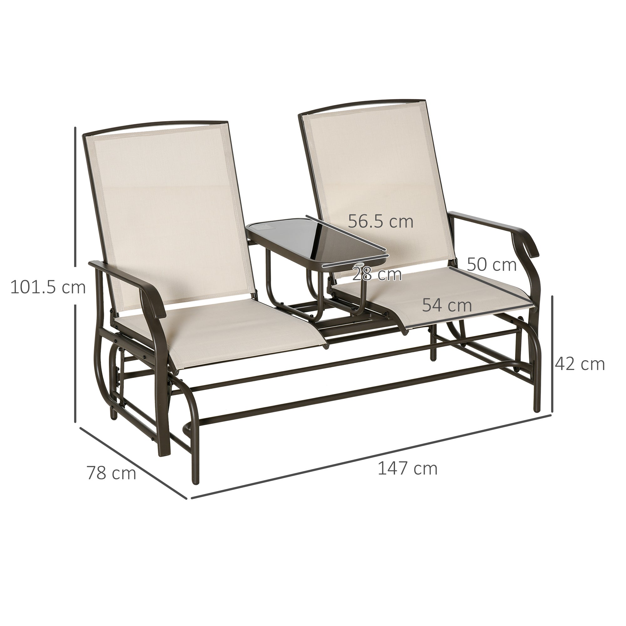 Outsunny 2 Seats Garden Glider Bench, Metal Frame Loveseat with Glass Top Centre Table, Porch Rocking Glider for 2 Person, for Deck, Patio, Brown/ Khaki