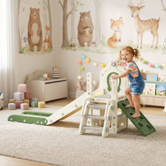 AIYAPLAY Foldable 4 in 1 Toddler Slide with Climber, Basketball Hoop, Storage Space and Basketball for Ages 1-3 Years, Cream