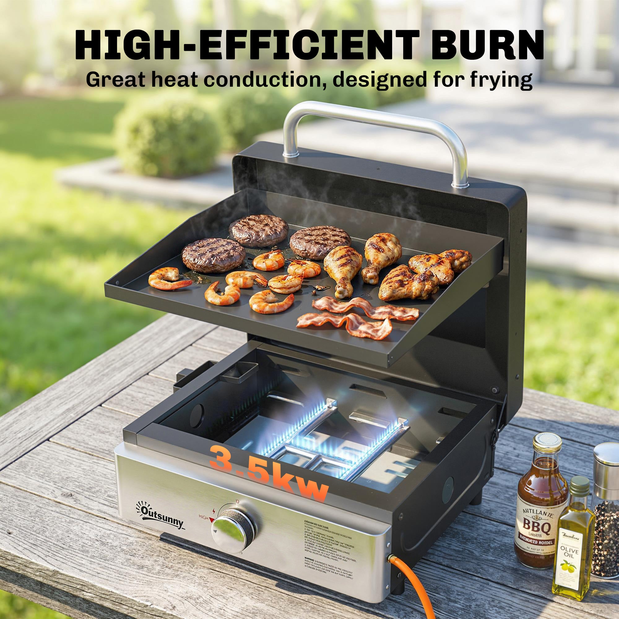 Outsunny Grill Griddle, Portable Gas Plancha, 3.5 kW, Tabletop Gas BBQ with Grease Cup for Camping Picnic Patios, Black
