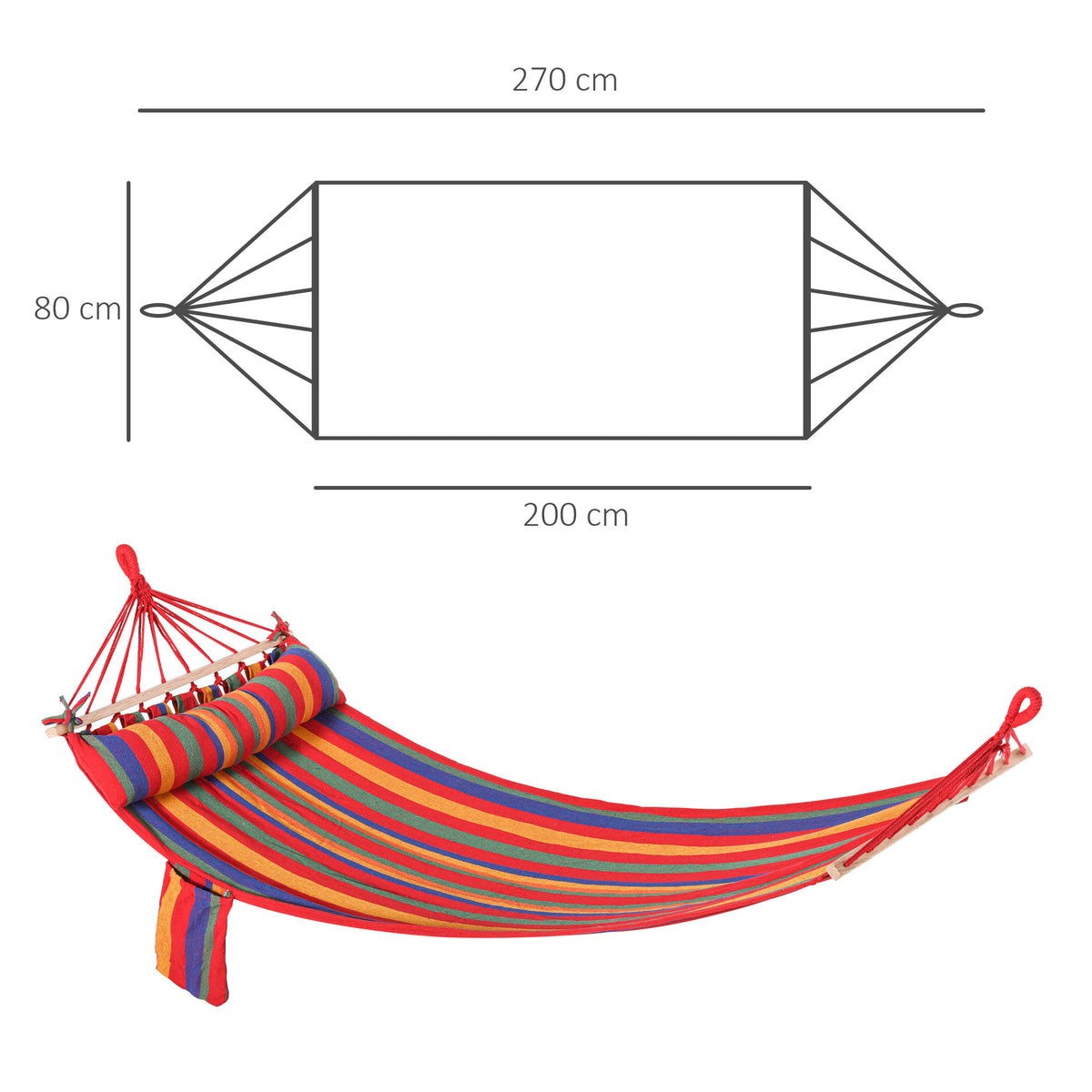 Outsunny Cotton Hammock, Soft Portable Swing Sleeping w/ Headrest & Side Pocket, Deluxe Swing Chair for Beach, Garden, Bedroom, Patio, Porch, Indoor, Outdoor, 270 x 80 cm, Rainbow Stripes