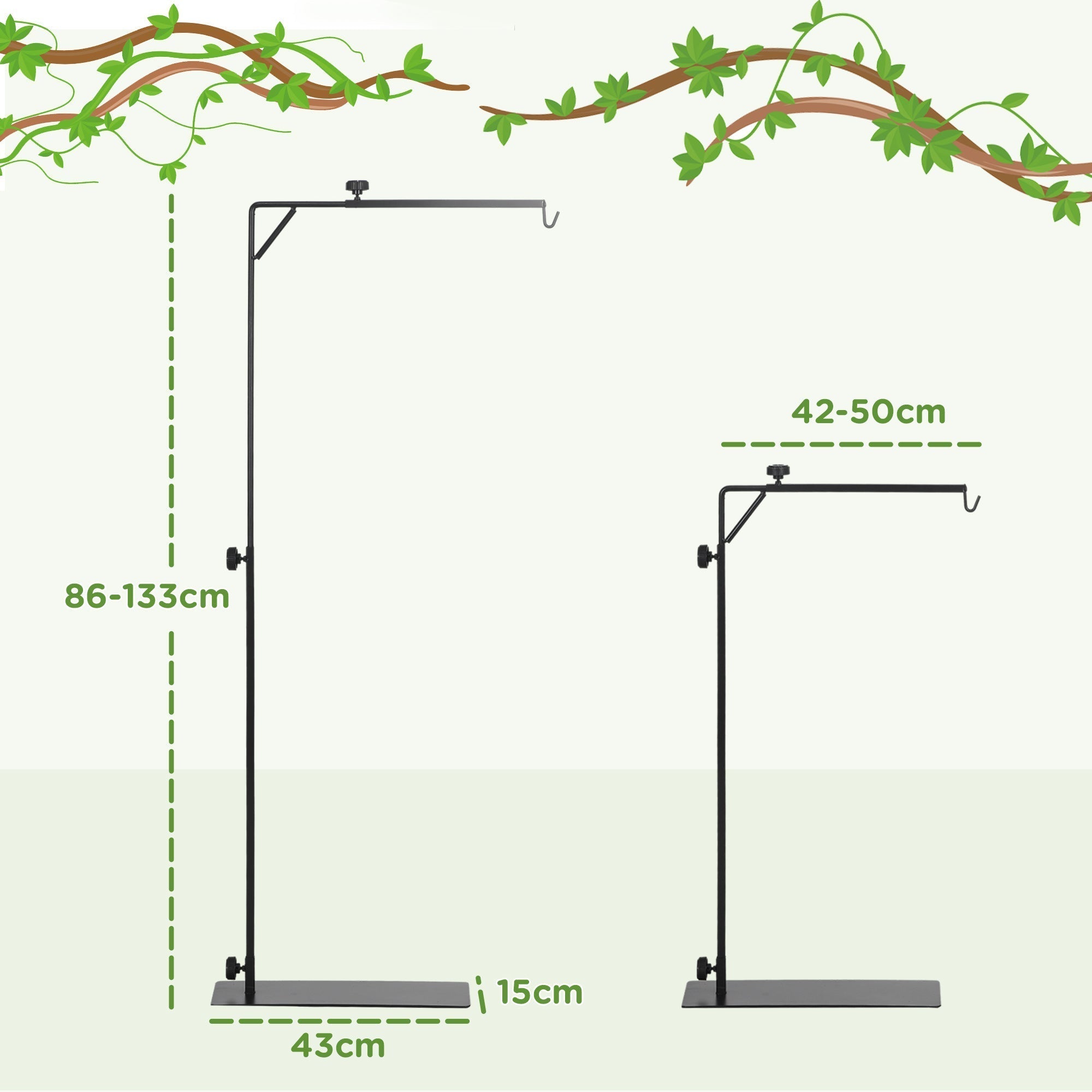 PawHut 86-129Hcm Adjustable Height and Length Reptile Lamp Stand Holder with Hook Hanging, Base - Black