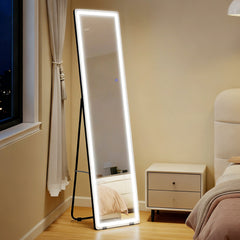 HOMCOM Full-Length Mirror, 160 x 40 cm, Wall Mounted, Freestanding Floor Mirror with LED Lights and Remote Control, Dimming & 3 Colour Modes, for Bedroom, Black