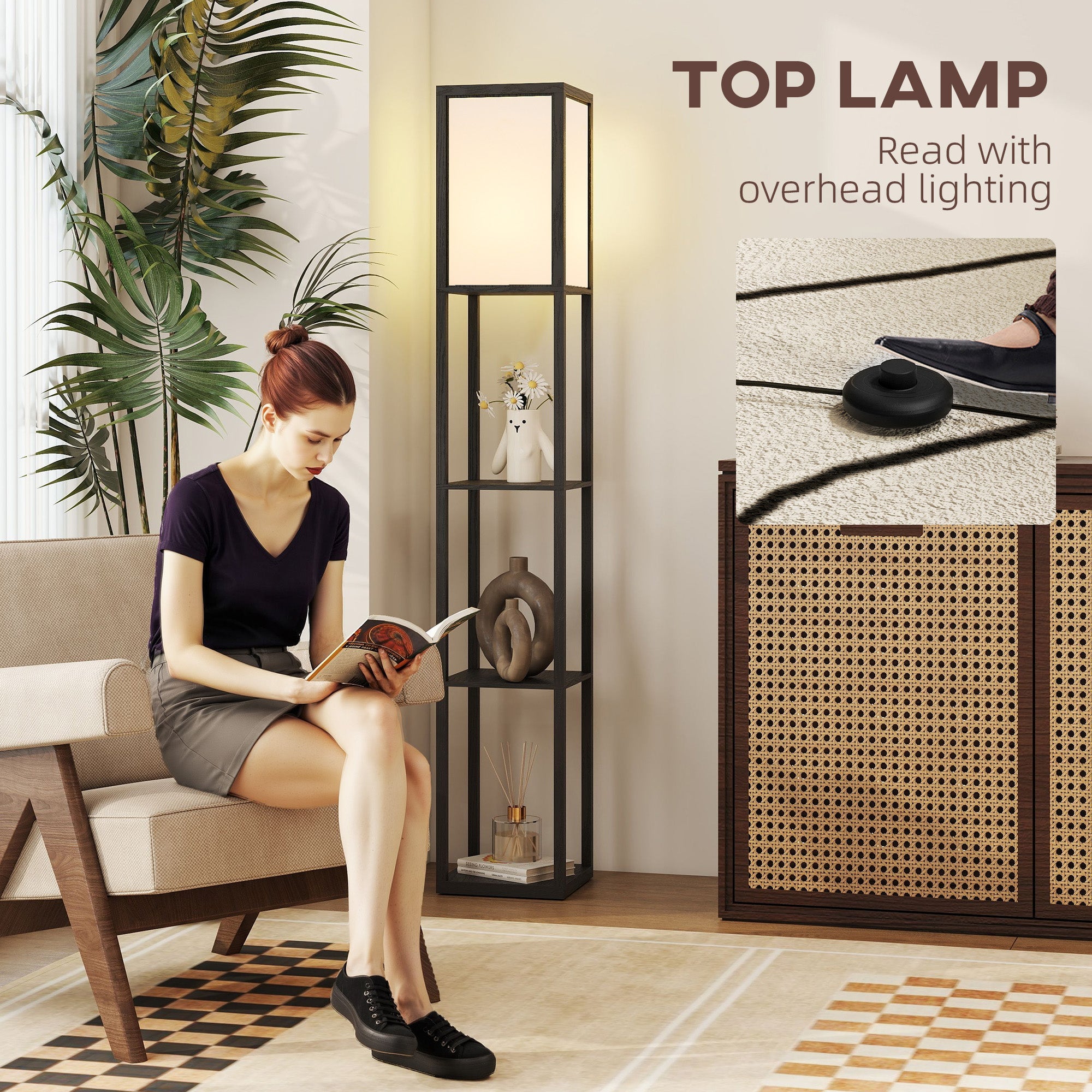 HOMCOM Floor Lamp with Shelves, 3 Layer Column Modern Standing Lamp for Living Room, Bedroom, Office, Bulb not Included, Black