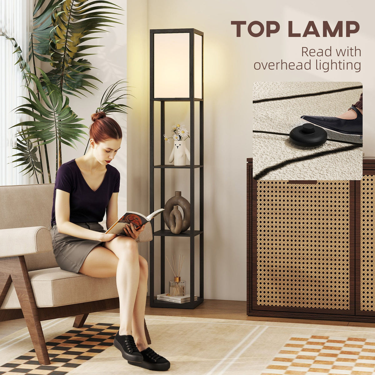 HOMCOM Floor Lamp with Shelves, 3 Layer Column Modern Standing Lamp for Living Room, Bedroom, Office, Bulb not Included, Black