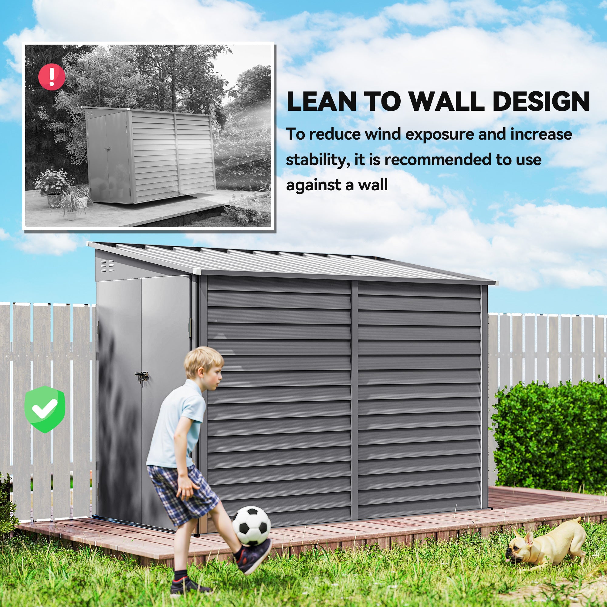 Outsunny 5 x 9ft Galvanised Metal Garden Shed with Foundation Kit, Outdoor Lean-to Shed, Tool Storage House with Lockable Doors, Gloves and 2 Air Vents for Patio, Garden, Grey