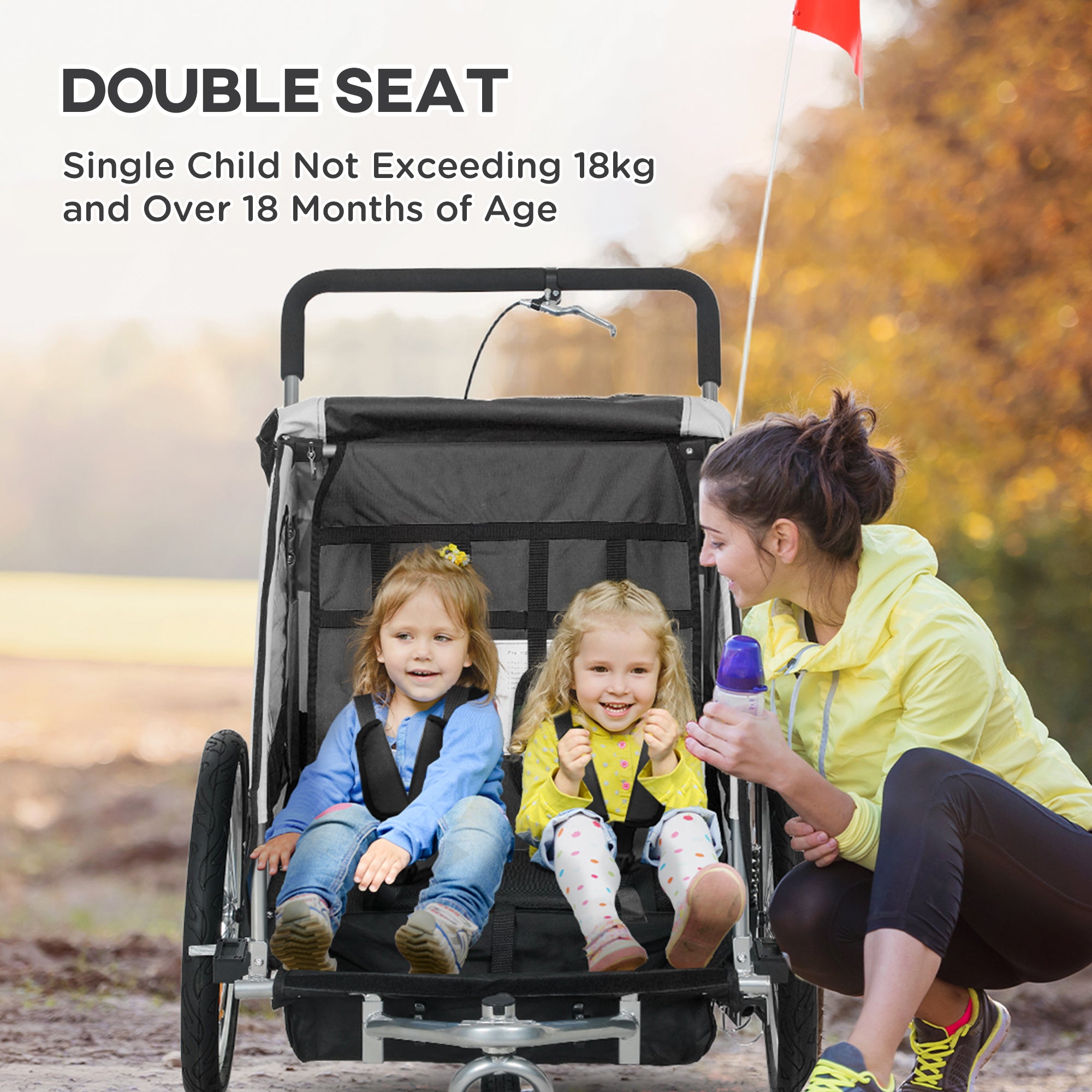 HOMCOM 2 Seat Bike Trailer with 5 Point Harness, Baby Bike Stroller with Safety Flag, Reflectors, for 18+ Months, Black