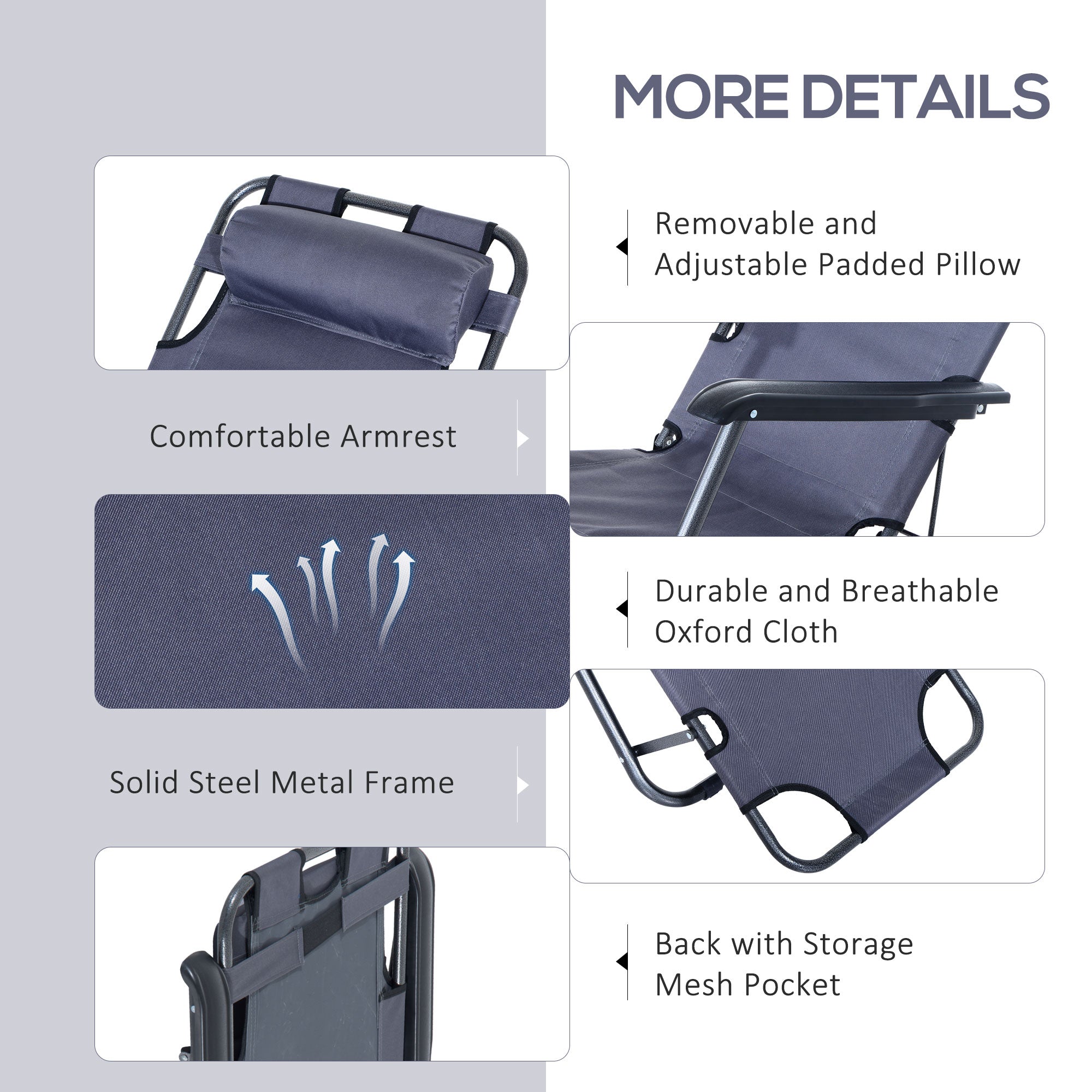 Outsunny 2 in 1 Folding Sun Lounger Reclining Garden Chair with 2-Level Adjustable Backrest, Outdoor Zero Gravity Recliner Garden Chair with Head Pillow and Armrests, Grey