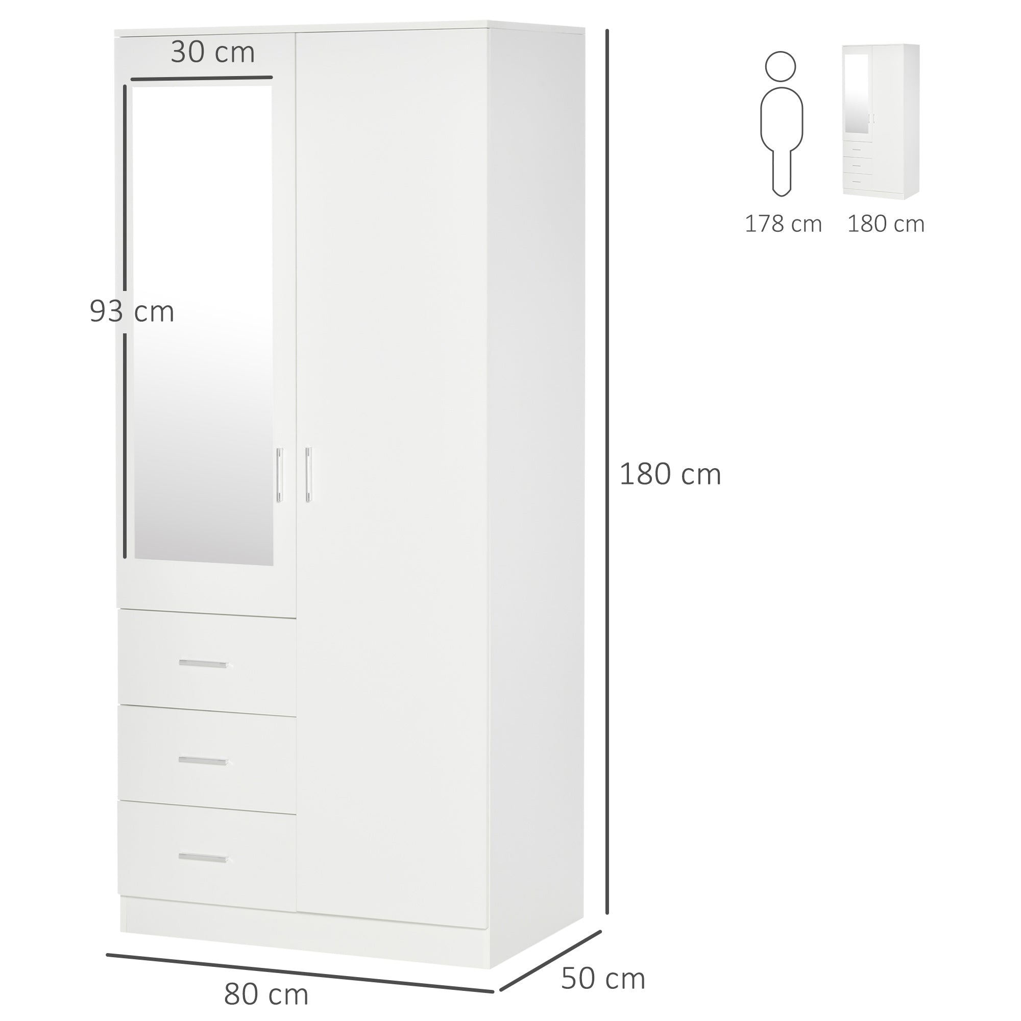HOMCOM 2 Door 3 Drawer Mirrored Wardrobe with Hanging Rail, Modern Clothes Storage Cupboard with Mirror, Drawers and Adjustable Shelves for Bedroom, 80 x 50 x 180 cm, White
