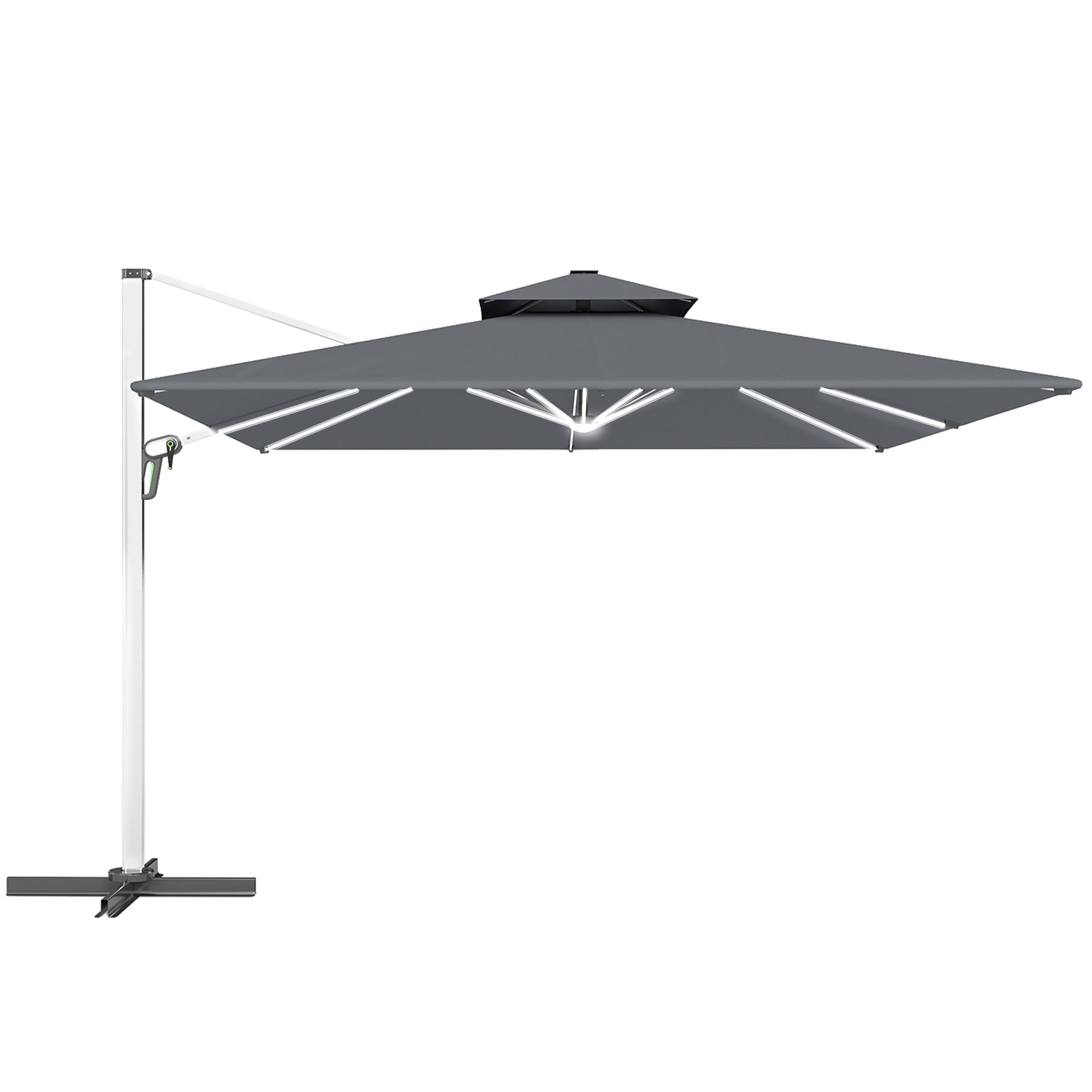 Outsunny 3(m) Garden Cantilever Parasol with Solar LED Lights, Cross Base, 360 degrees Rotation, Crank Handle and Tilt, Grey