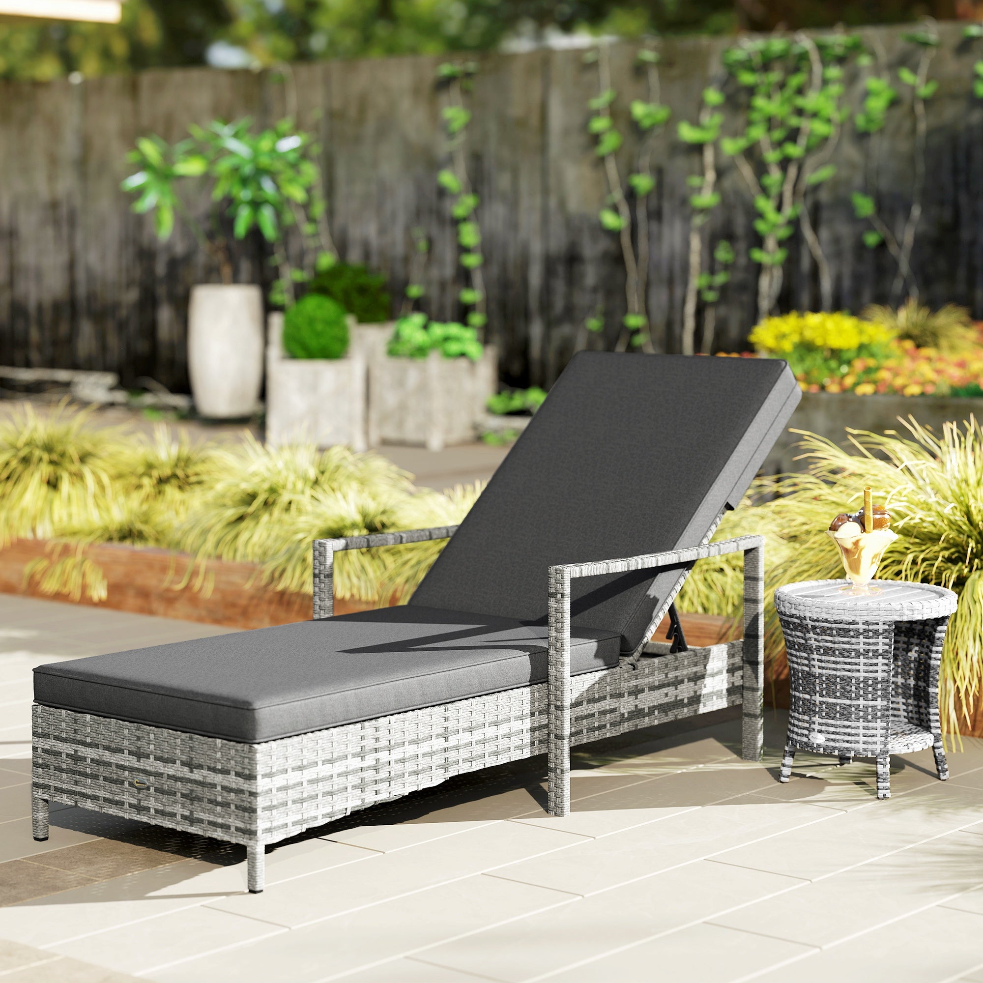 Outsunny Patio Rattan Sun Lounger, Dual Wicker Weave Outdoor Single Reclining Chair Furniture, 5-Level Adjustable Backrest w/ Removeable & Washable Cushion, Mixed Grey