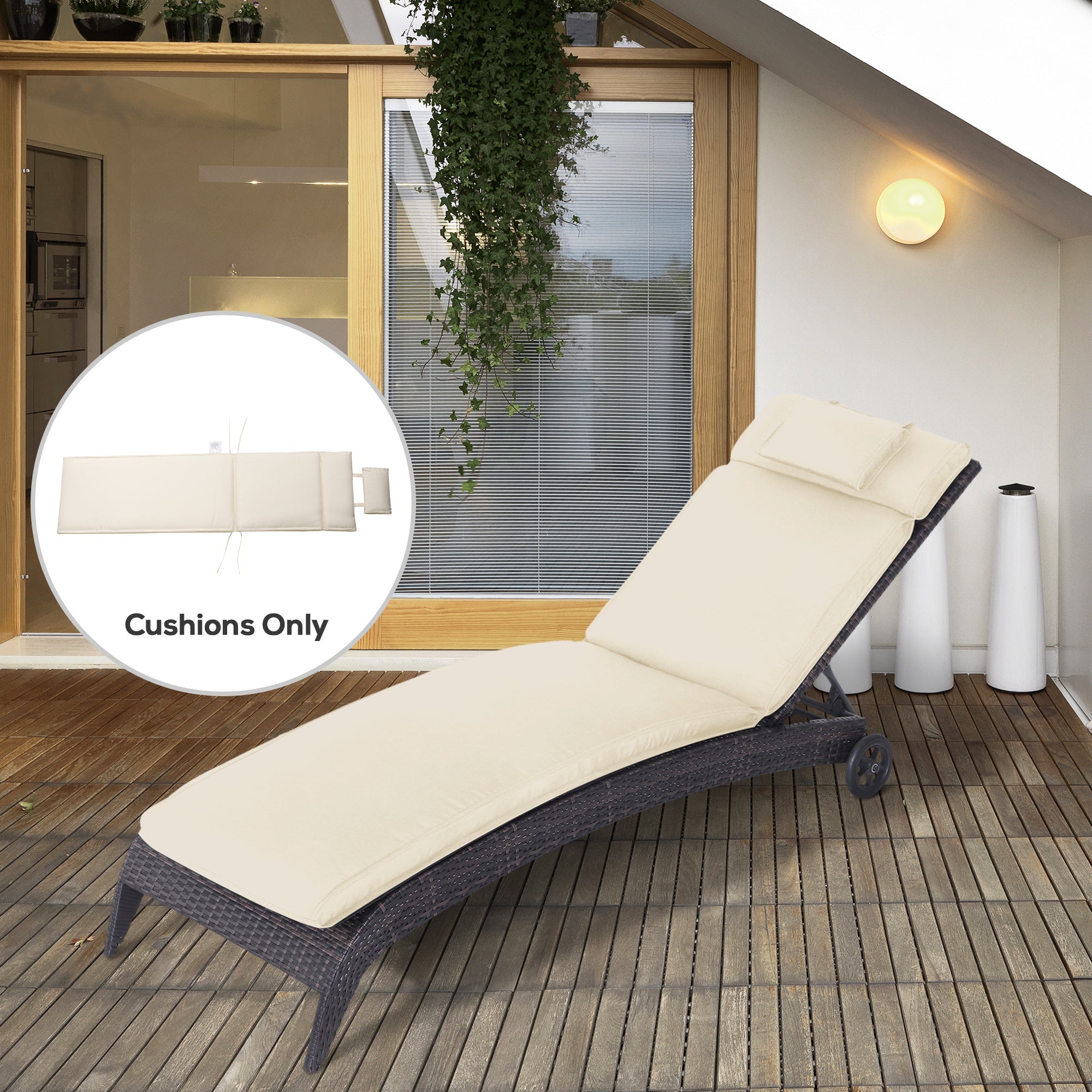 Outsunny Garden Sun Lounger Cushion Replacement Thick Sunbed Reclining Chair Relaxer Pad with Pillow - Cream White