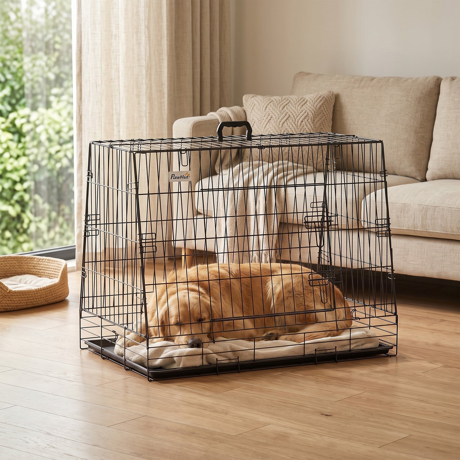 PawHut 35"(90 cm) Car Dog Crate Medium Large Collapsible Slanted Travel Dog Cage with Tray for Car Boot