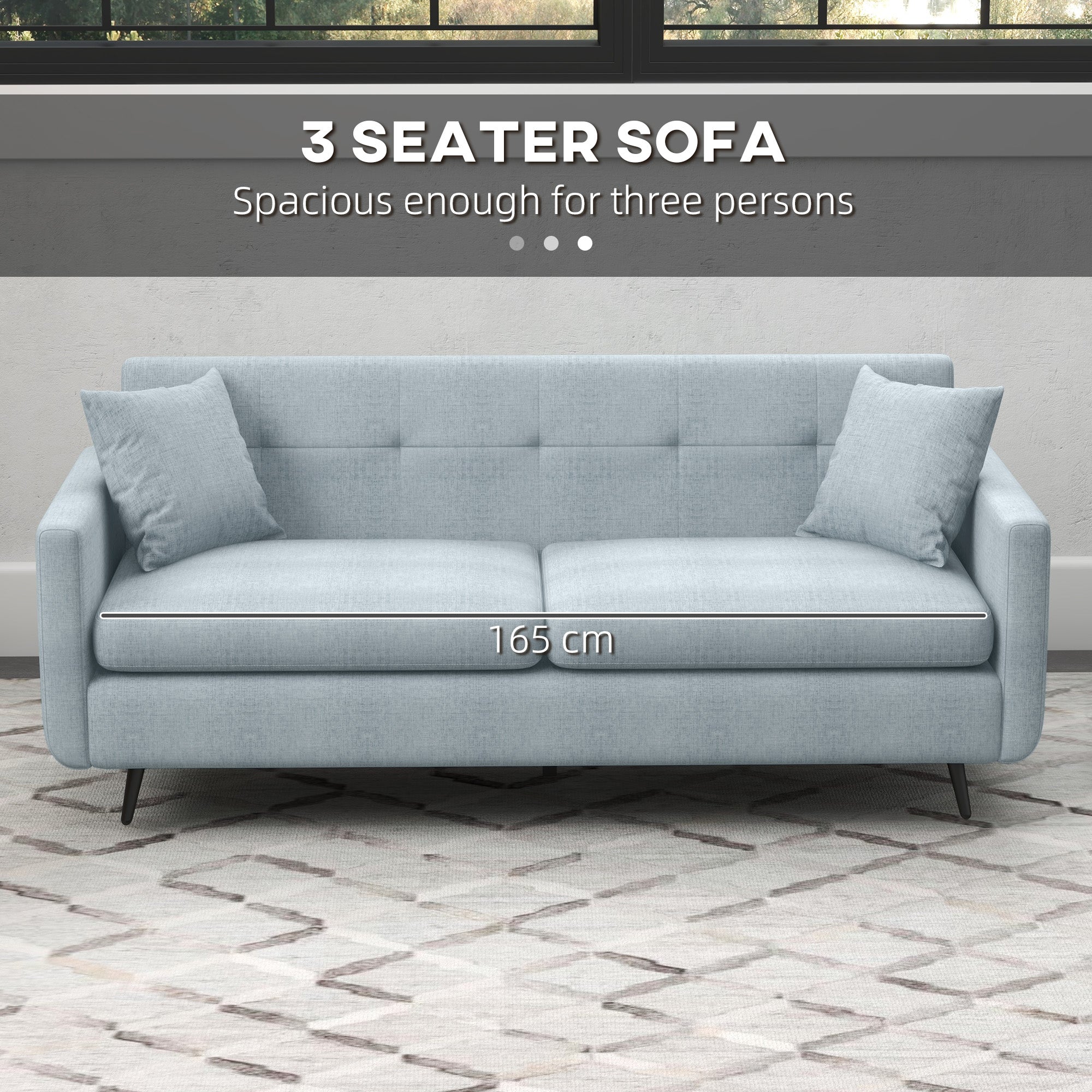 HOMCOM 165cm 3 Seater Sofa for Living Room, Modern Fabric Couch, Tufted Small Couch Sofa Settee with Steel Legs and 2 Storage Pockets for Bedroom and Home Office, Blue