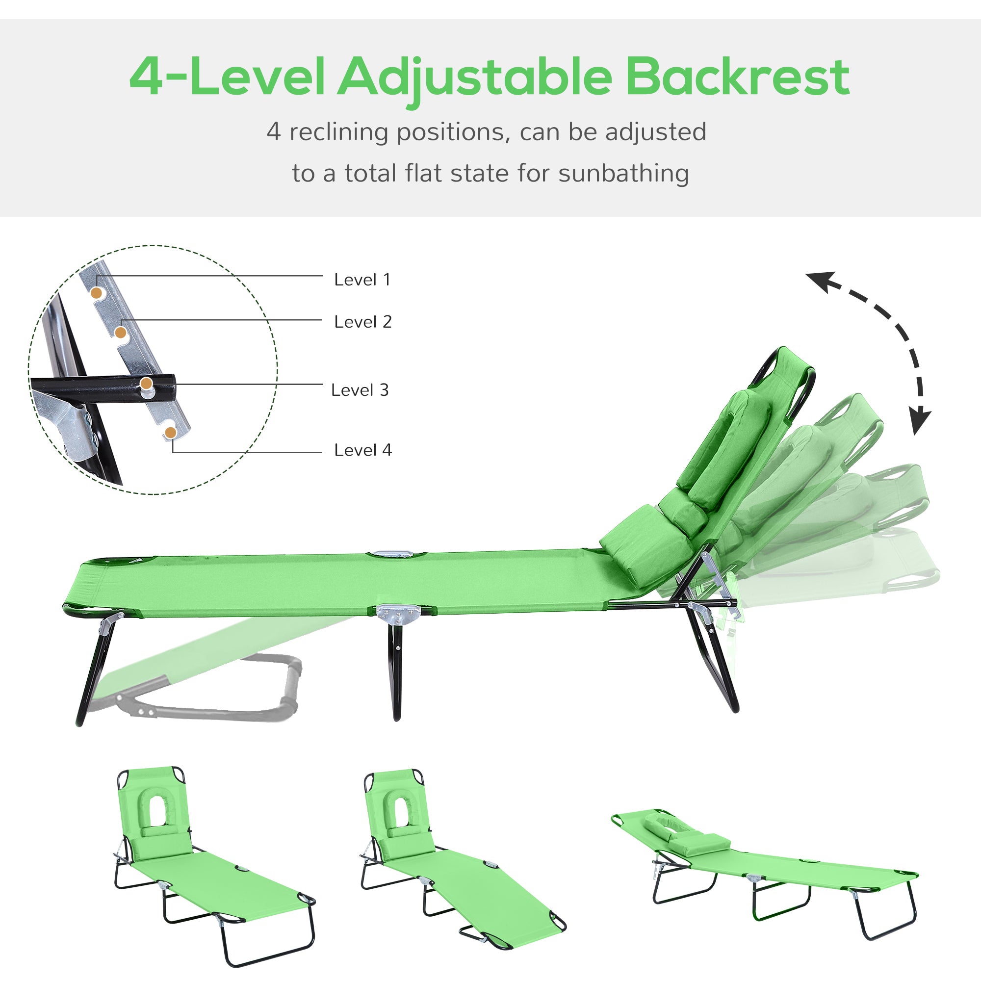 Outsunny Outdoor Folding Sun Lounger with Face Hole, 4 Level Adjustable Backrest Reclining Garden Lounger, Garden Recliner Sunbed with 600 D Oxford Cloth Seat and Pillow for Beach, Green