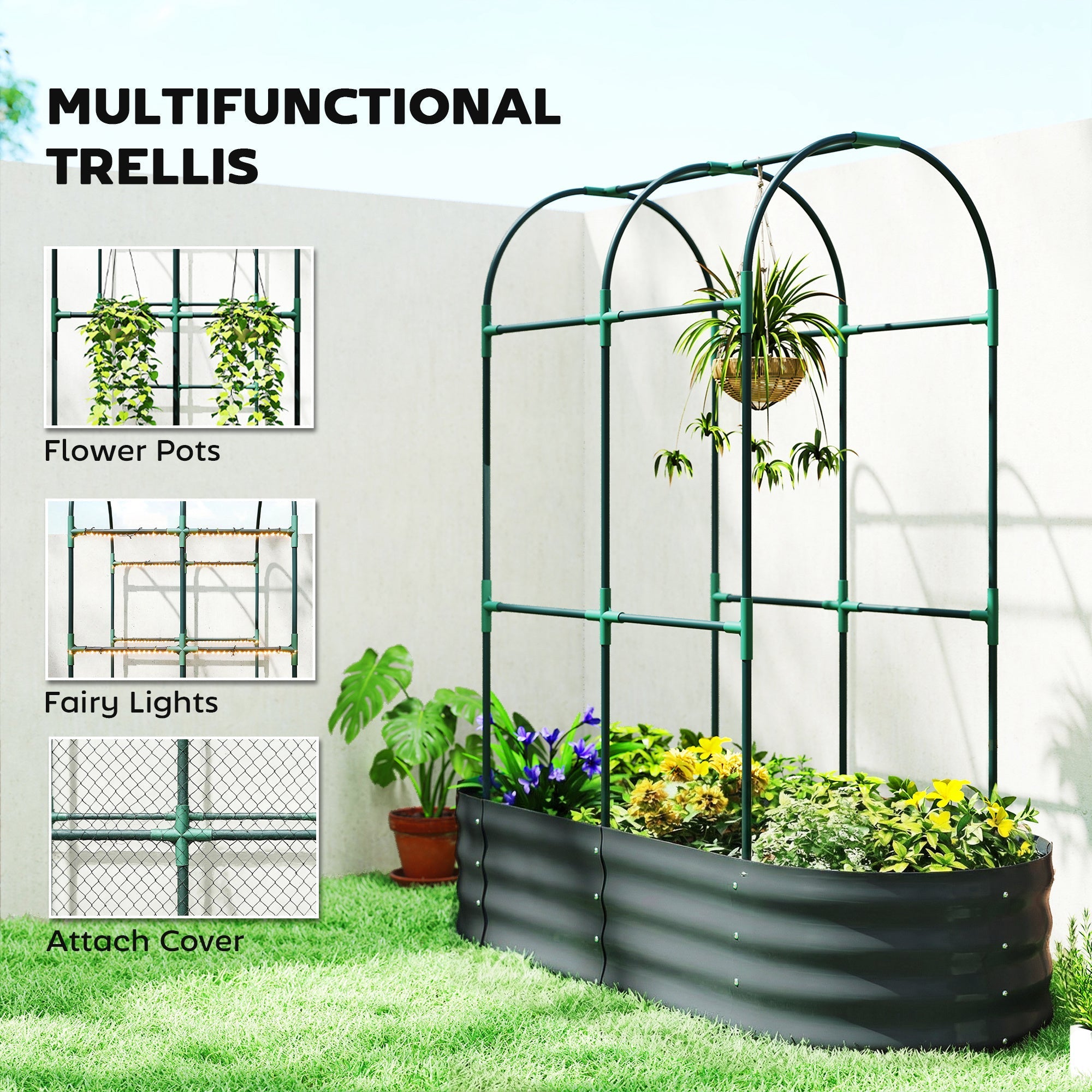 Outsunny Galvanised Raised Garden Bed with Arched Trellis, 4 x 2 x 4.6ft Metal Raised Bed for Garden with Open Bottom, Dark Grey