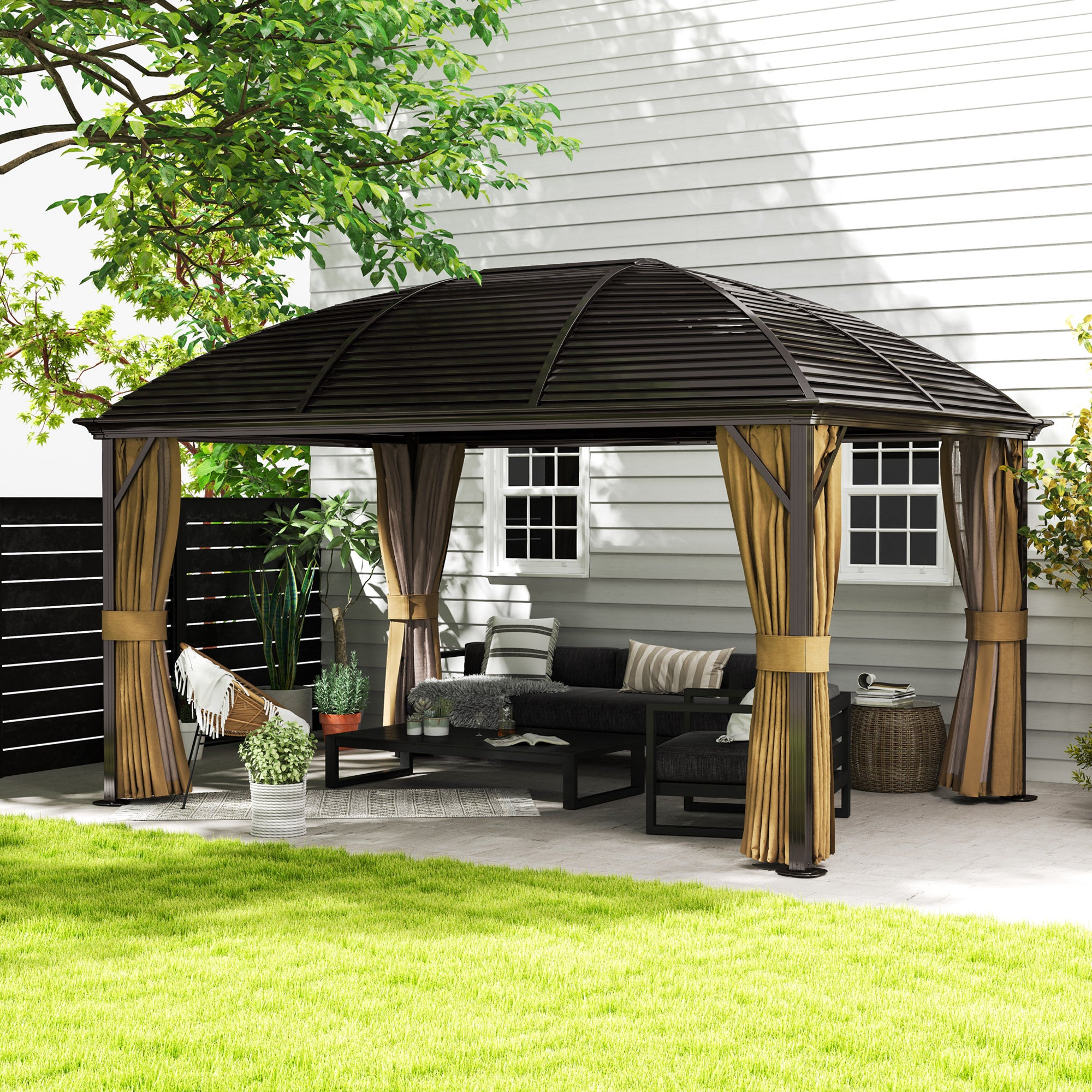 Outsunny 3 x 4m Hardtop Gazebo Canopy with Metal Roof, Aluminium Gazebo Permanent Pavilion with Netting and Curtains, Brown