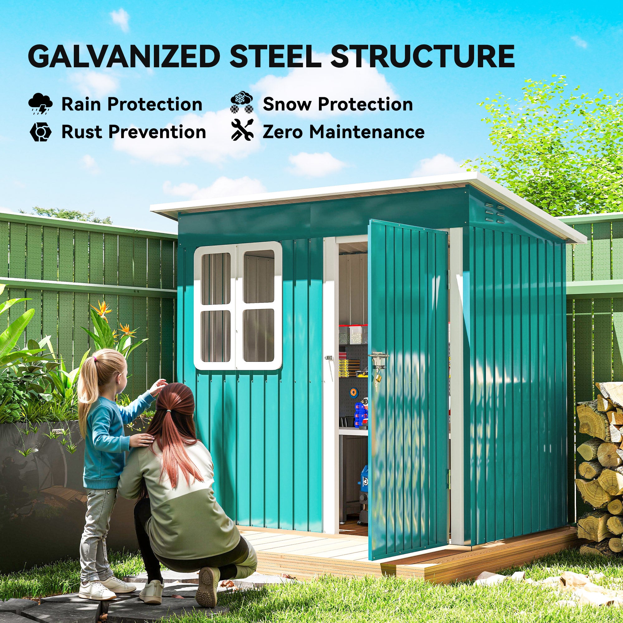 Outsunny 7 x 4ft Galvanised Steel Garden Shed, with Lock and Gloves - Green