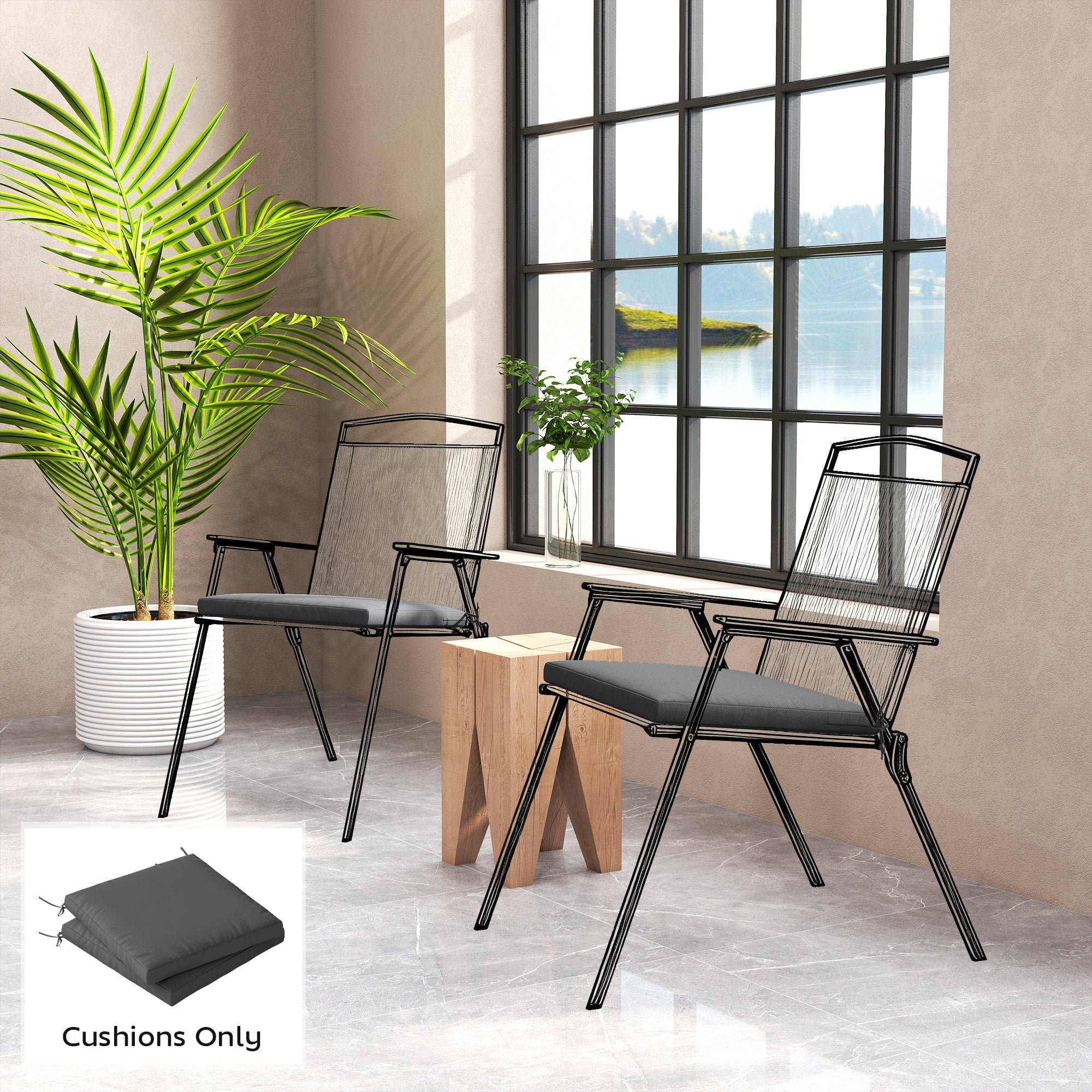 Outsunny Outdoor Seat Cushions Set of 2 with Ties, Waterproof Garden Seat Pads, Dark Grey