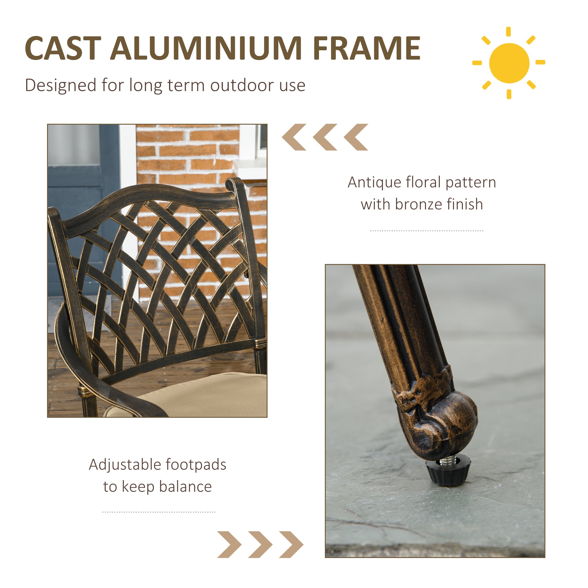 Outsunny 4 Seater Outdoor Dining Set Antique Cast Aluminium Garden Furniture Set with Cushions Round Dining Table with Parasol Hole, Bronze