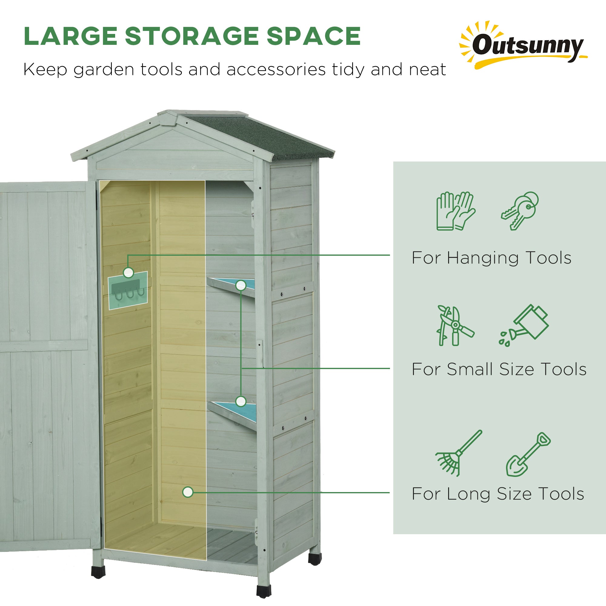 Outsunny Wooden Garden Shed, Outdoor Storage Cabinet with 2 Shelves and Hooks, Locking Organiser Outdoor Narrow Tool House, 74x55x155cm, Green