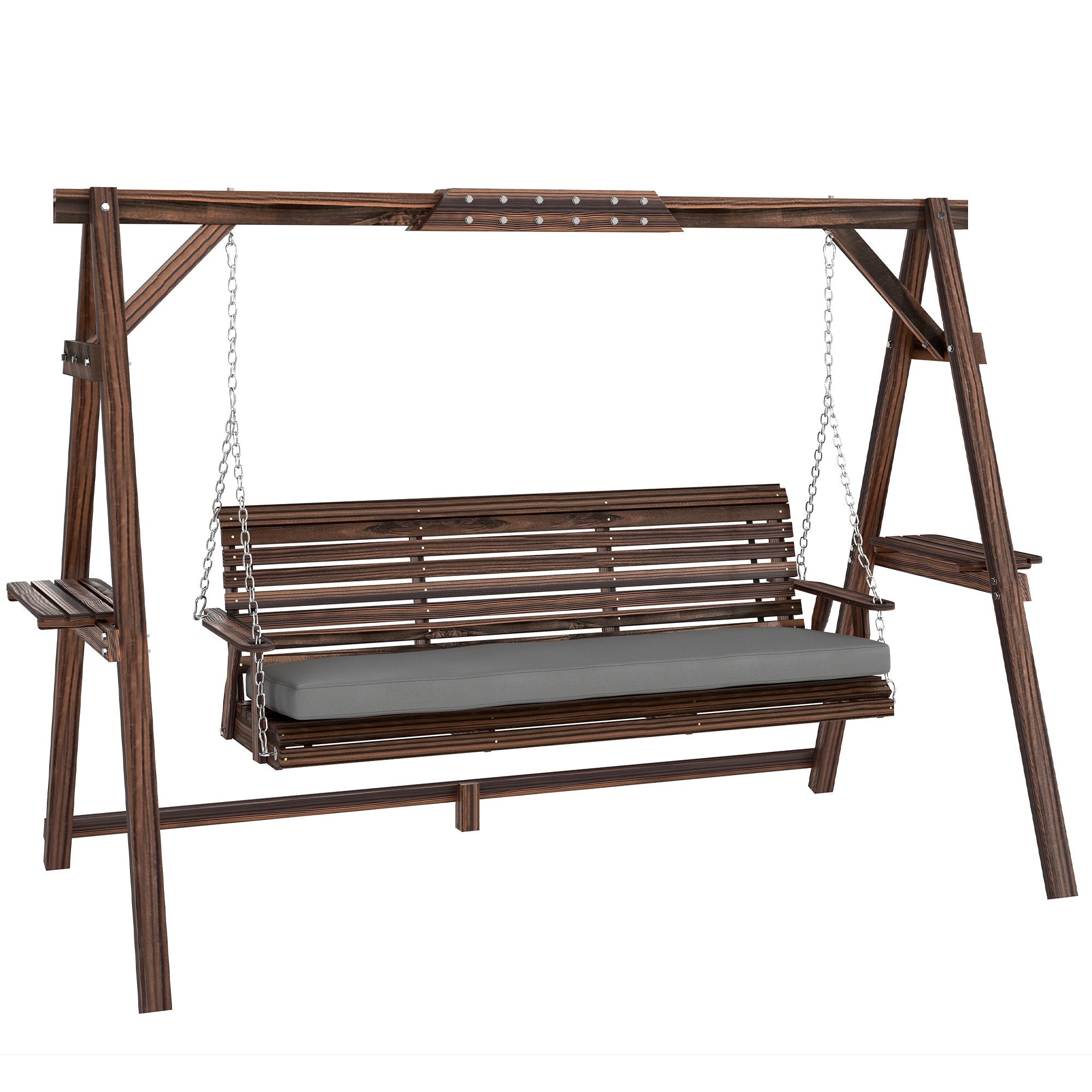 Outsunny 3 Seater Garden Swing Seat, Wooden Swing Chair Bench with Cushion, Side Trays and Metal Chains, for Outdoor Porch Patio, Carbonised Brown
