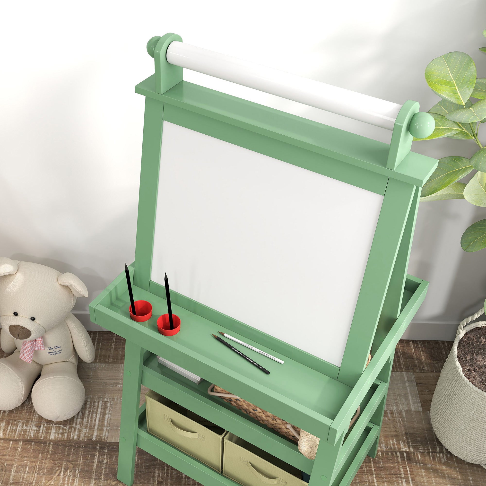 AIYAPLAY 3 in 1 Kids Easel Double-Sided Magnetic Whiteboard and Chalkboard with Paper Roll, Storage Baskets - Green
