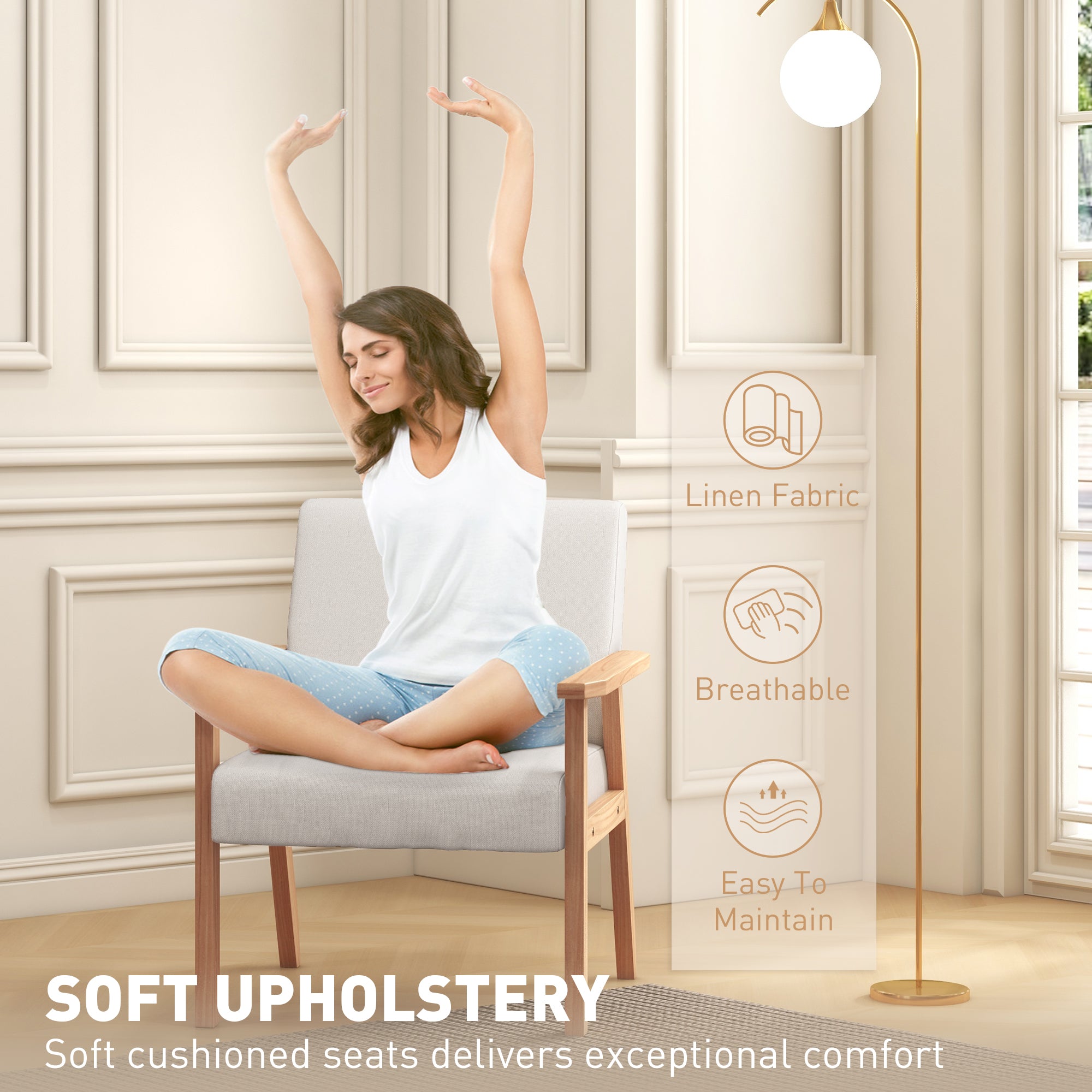 HOMCOM Accent Chair Wood Frame with Thick Linen Cushions Wide Seat Armchair Home Furniture Bedroom Office Cream White