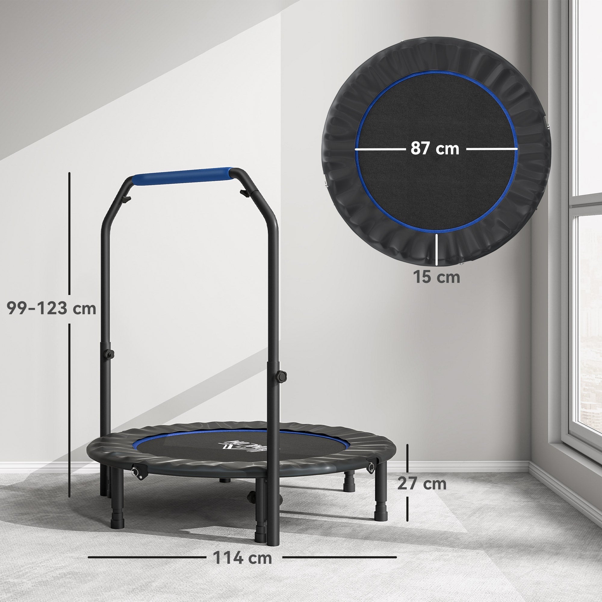 HOMCOM 45" Foldable Mini Fitness Trampoline, with Adjustable Foam Handle, Blue