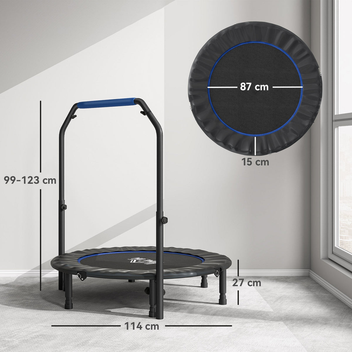 HOMCOM 45" Foldable Mini Fitness Trampoline, with Adjustable Foam Handle, Blue
