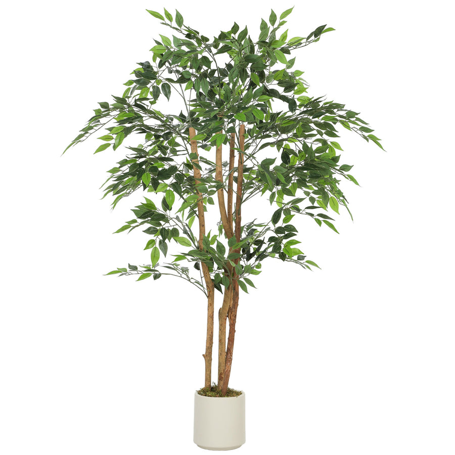 HOMCOM 150cm Artificial Ficus Tree, Fake Potted Tree with Solid Wood Trunk and Pot for Indoor, Green