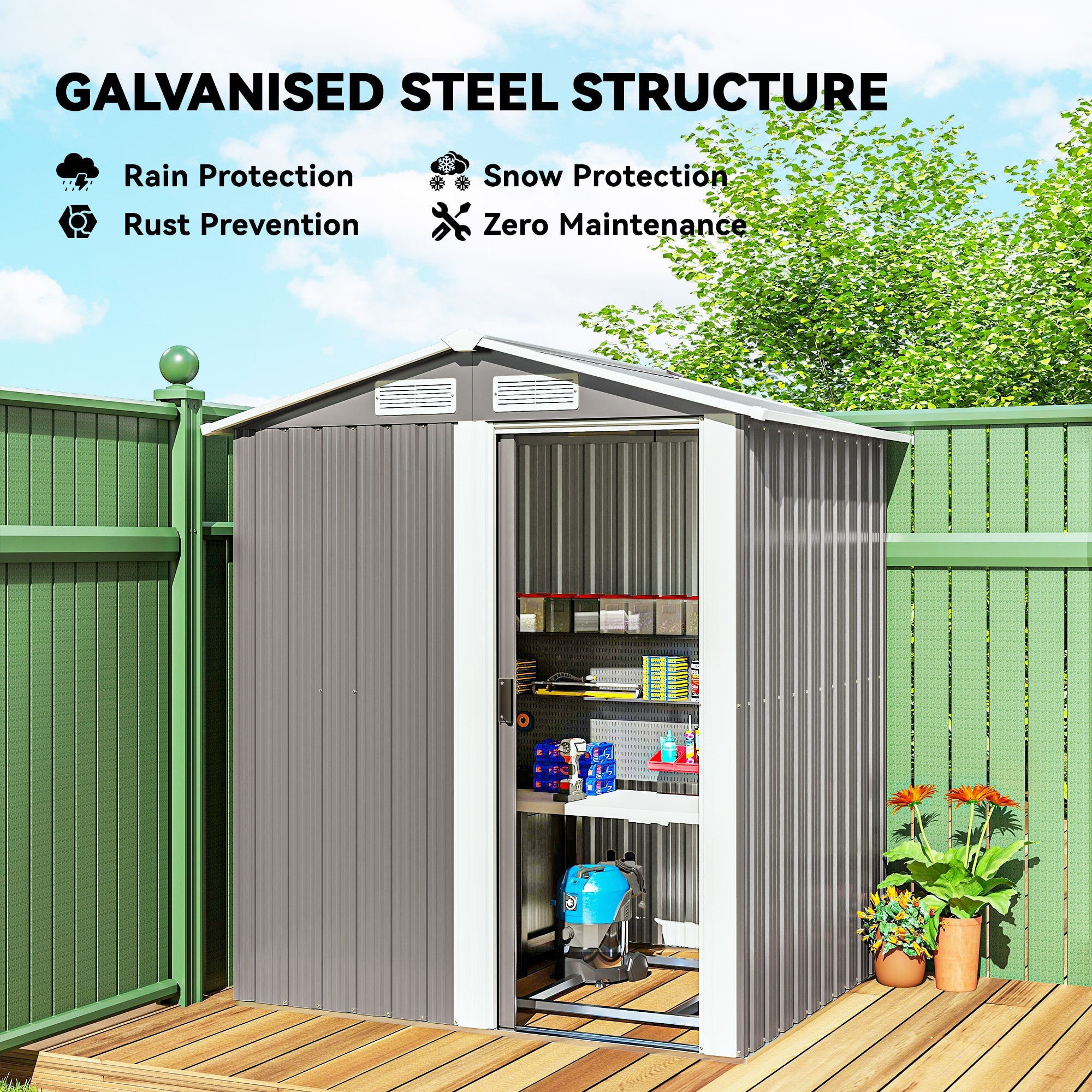 Outsunny Garden Metal Tool Storage Shed with Sliding Door, Sloped Roof and Foundation Kit, 152 x 132 x 188cm, Grey