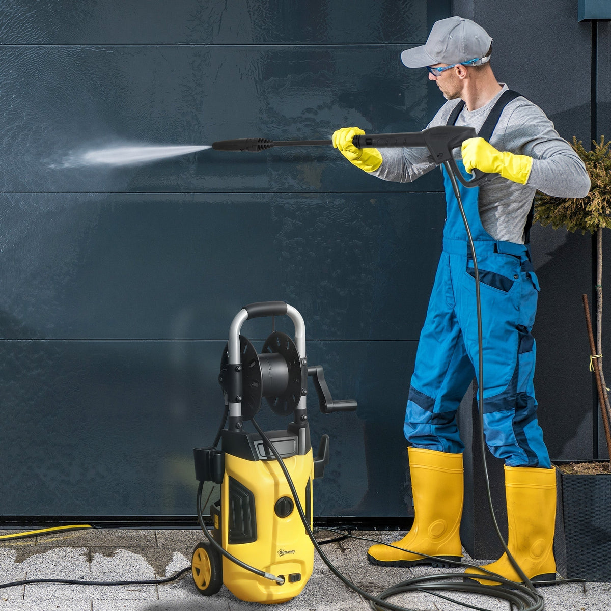Outsunny 1800W High Pressure Washer, 150 Bar Pressure, 420 L/h Flow, Portable Power Washer Jet Wash Cleaner with Adjustable Nozzle, 6M Hose, Hose Reel, Steel Handle for Home Patio Car Driveway, Yellow