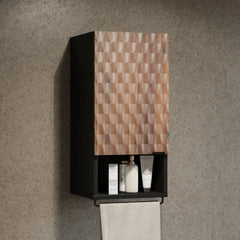 The bathroom cabinet displaying a textured wood finish and a black metal towel holder