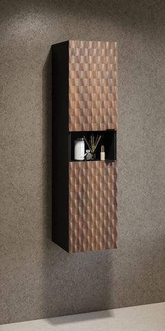 The bathroom cabinet mounted on a wall with decorative items placed on the central open shelf