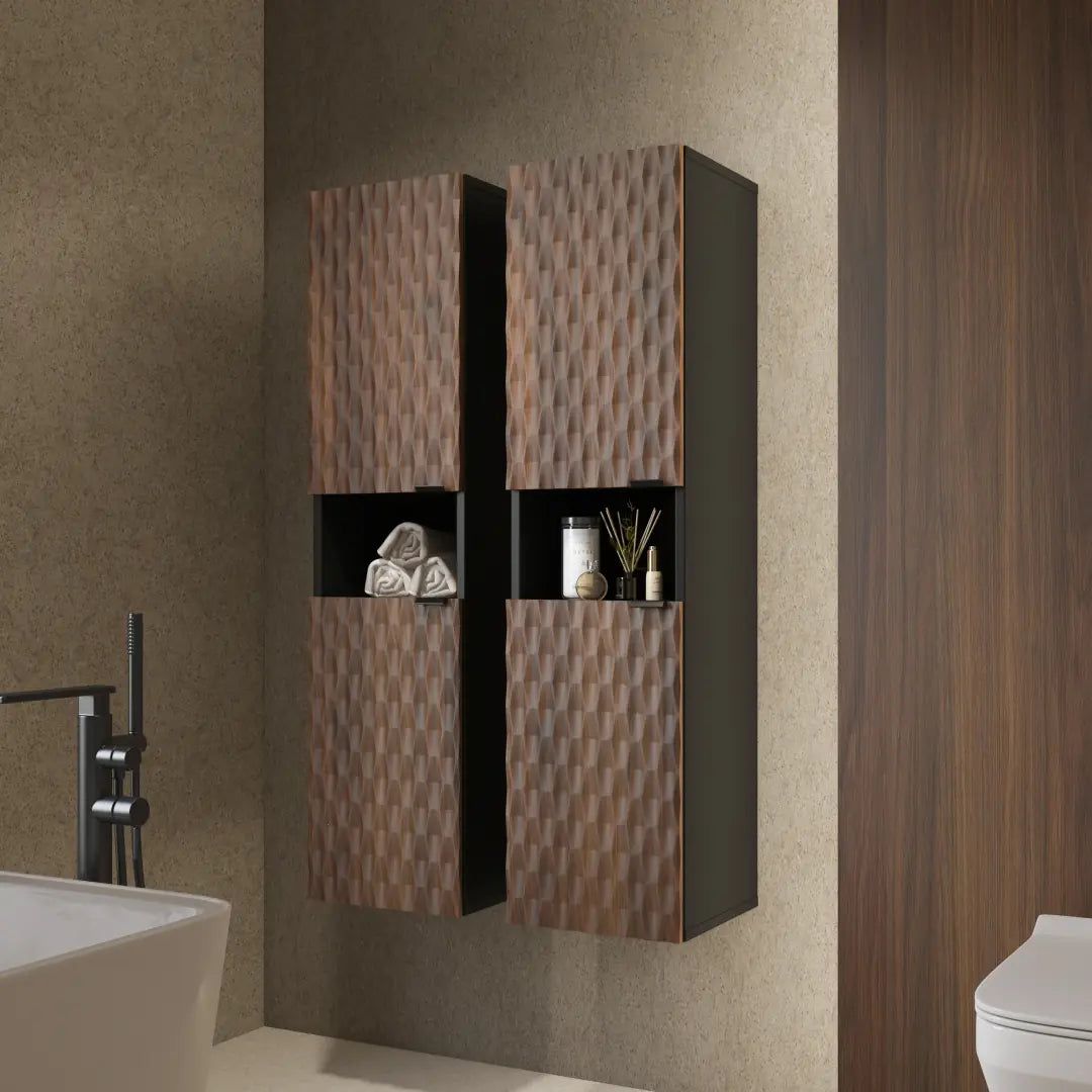 Two bathroom cabinets mounted side by side on a wall above a bathroom sink area