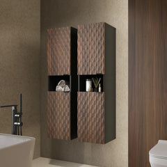 Two bathroom cabinets mounted side by side on a wall above a bathroom sink area