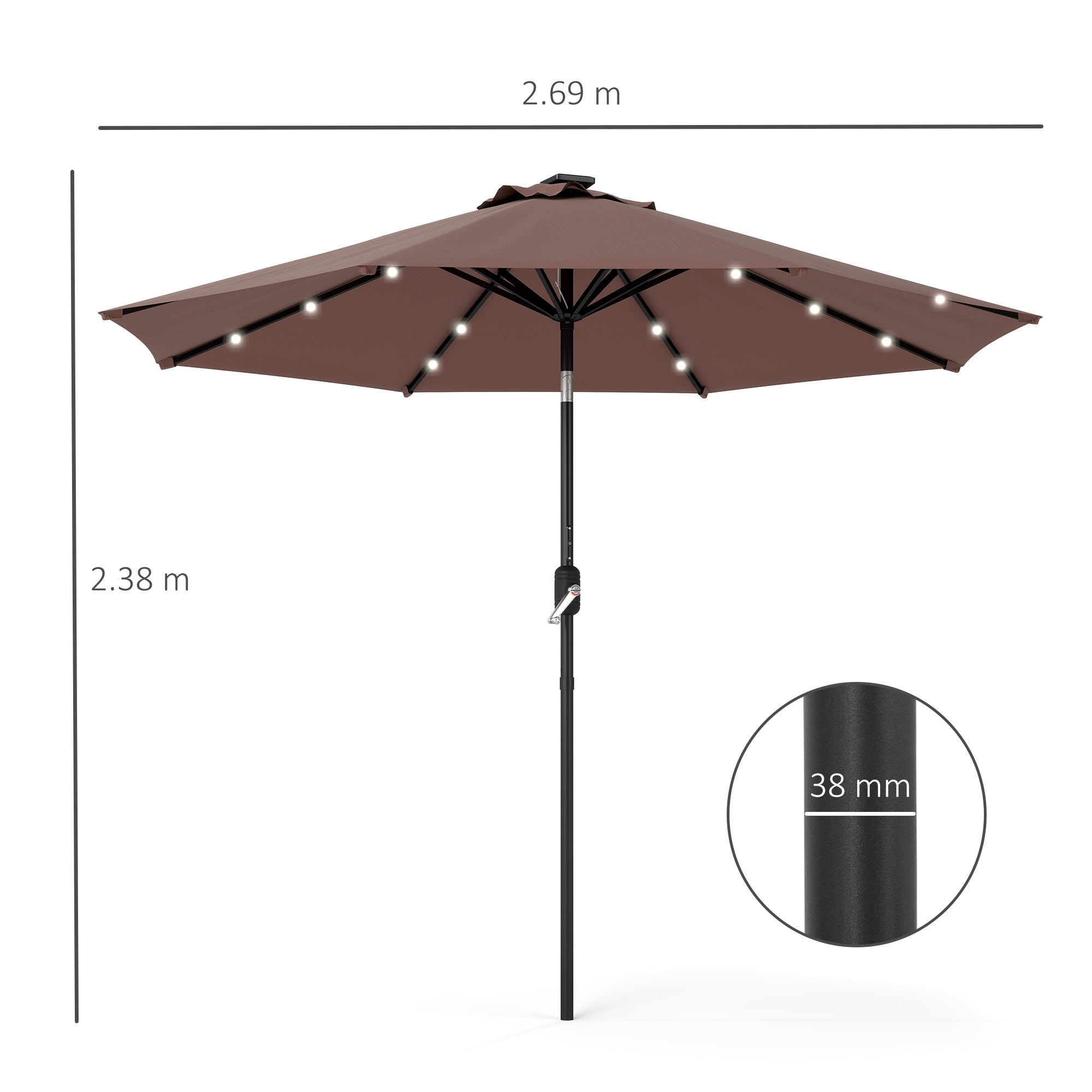 Outsunny 2.7m Garden 24 LED Light Parasol Solar Outdoor Tilt Sun Umbrella Patio Club Party Event Manual Sun Shade w/ Hand Crank and 8 Ribs, Brown