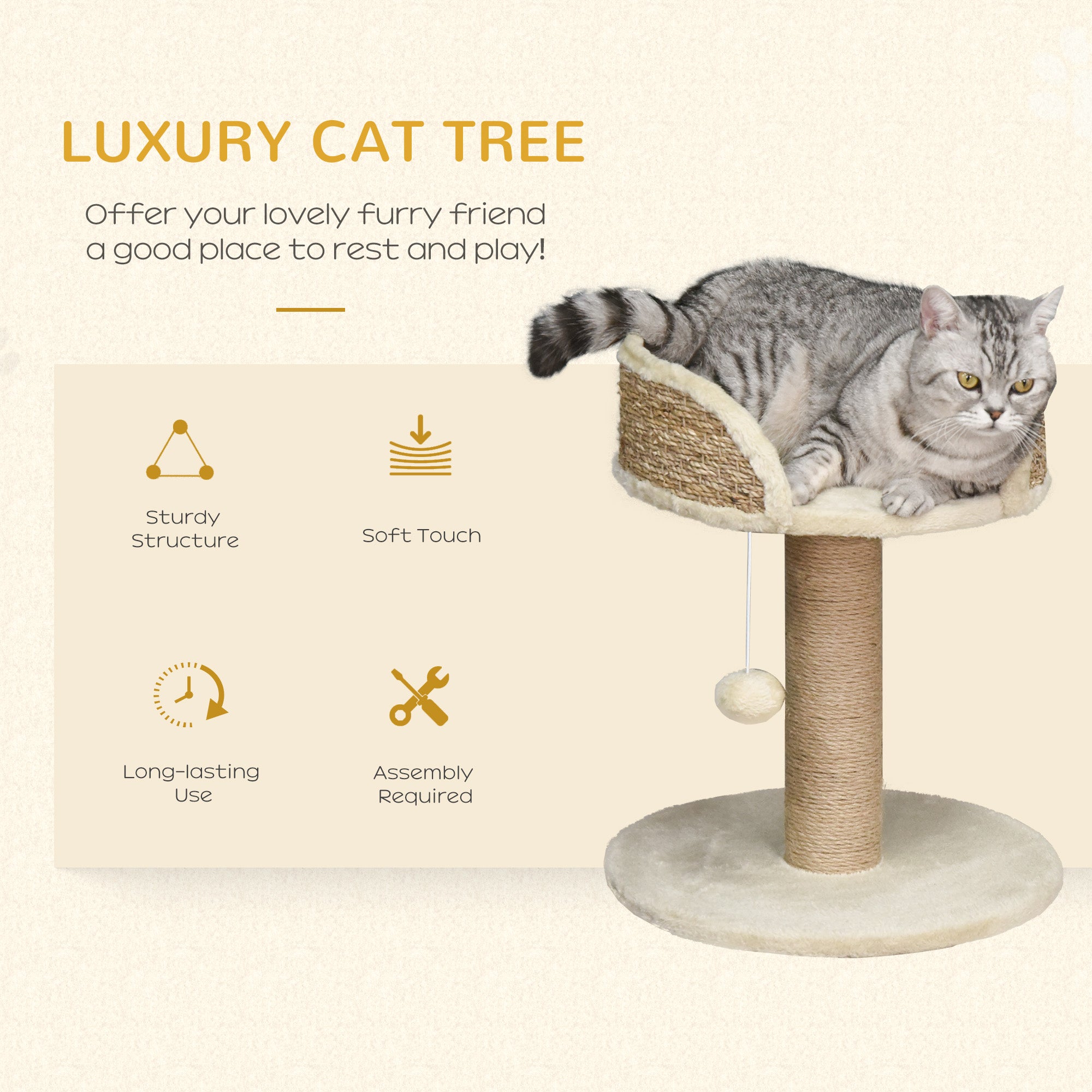 PawHut Cat Tree Cat Scratching Post for Indoor Cats Kitten Play Tower Activity Centre Climbing Stand with Dangling Ball Beige