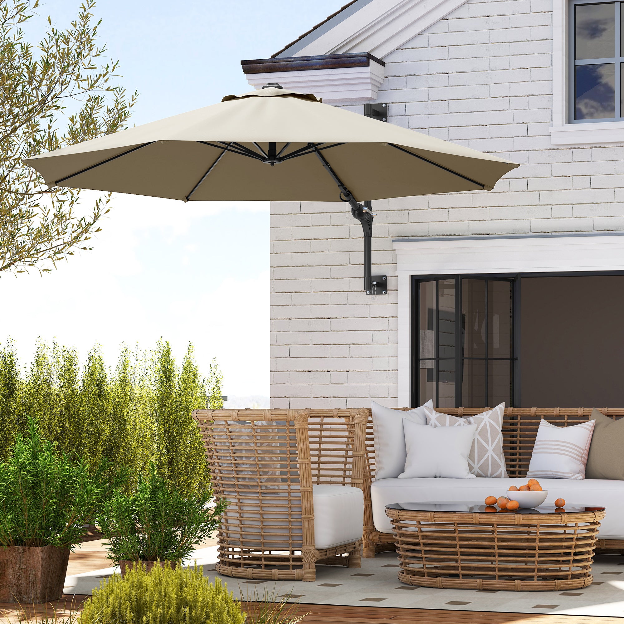 Outsunny 3(m) Wall-Mounted Parasol Shade, with Handle - Khaki