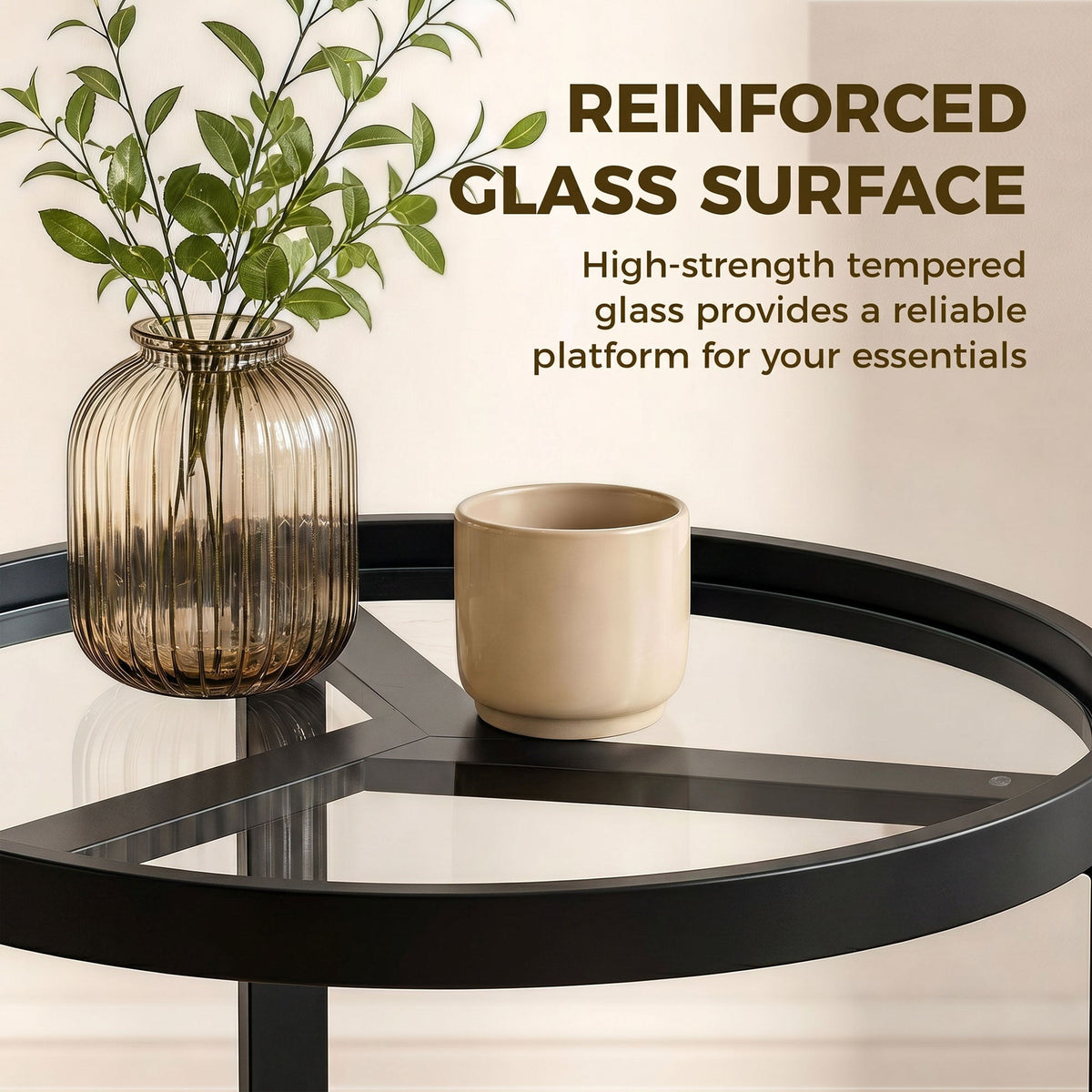 HOMCOM Round Side Table with Tempered Glass Top and Geometric Metal Frame for Small Space, Black