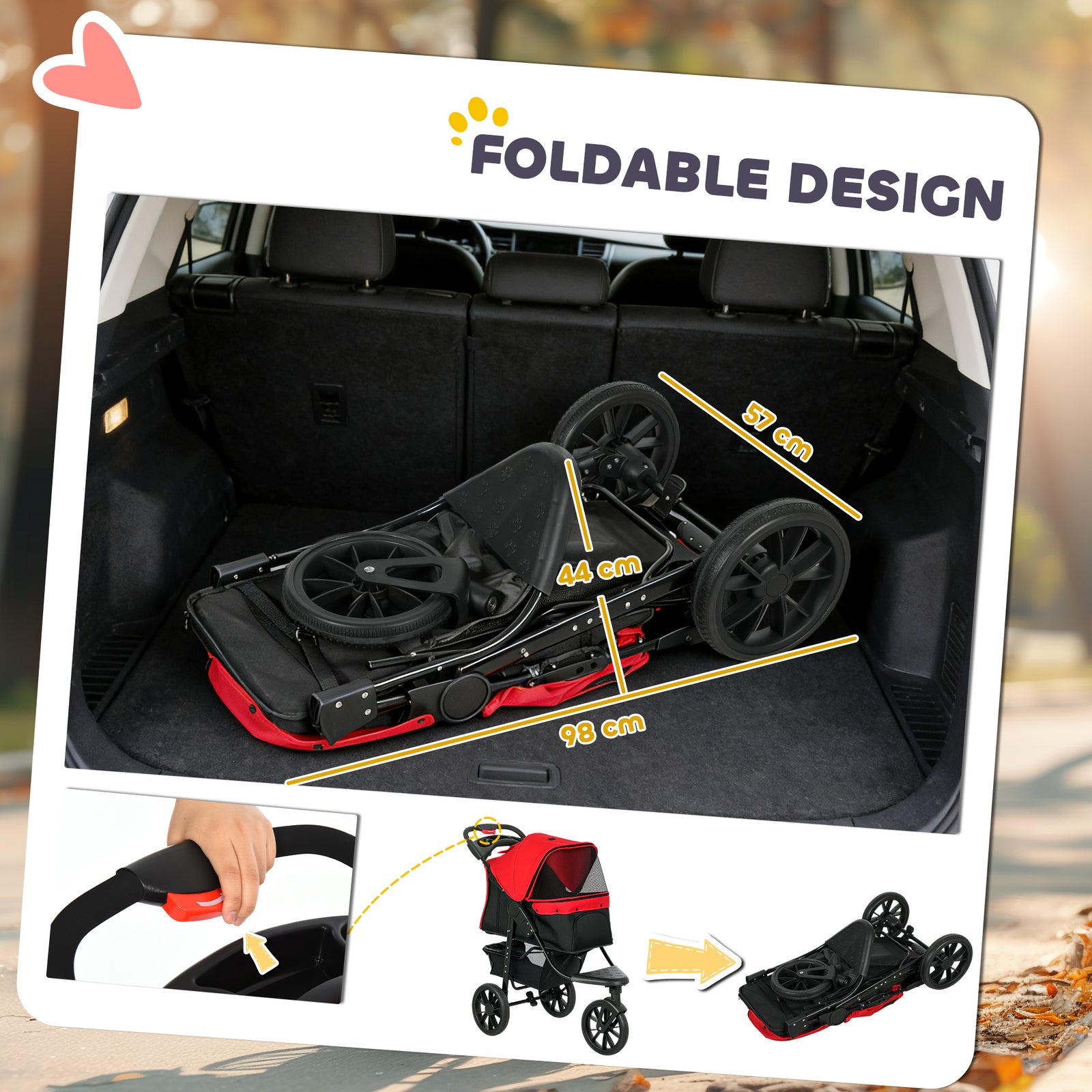 PawHut Dog Stroller Foldable Pet Pram for Small Miniature Breeds, Cats, 3 Wheels Dog Pushchair with Brake, Cupholder, Red